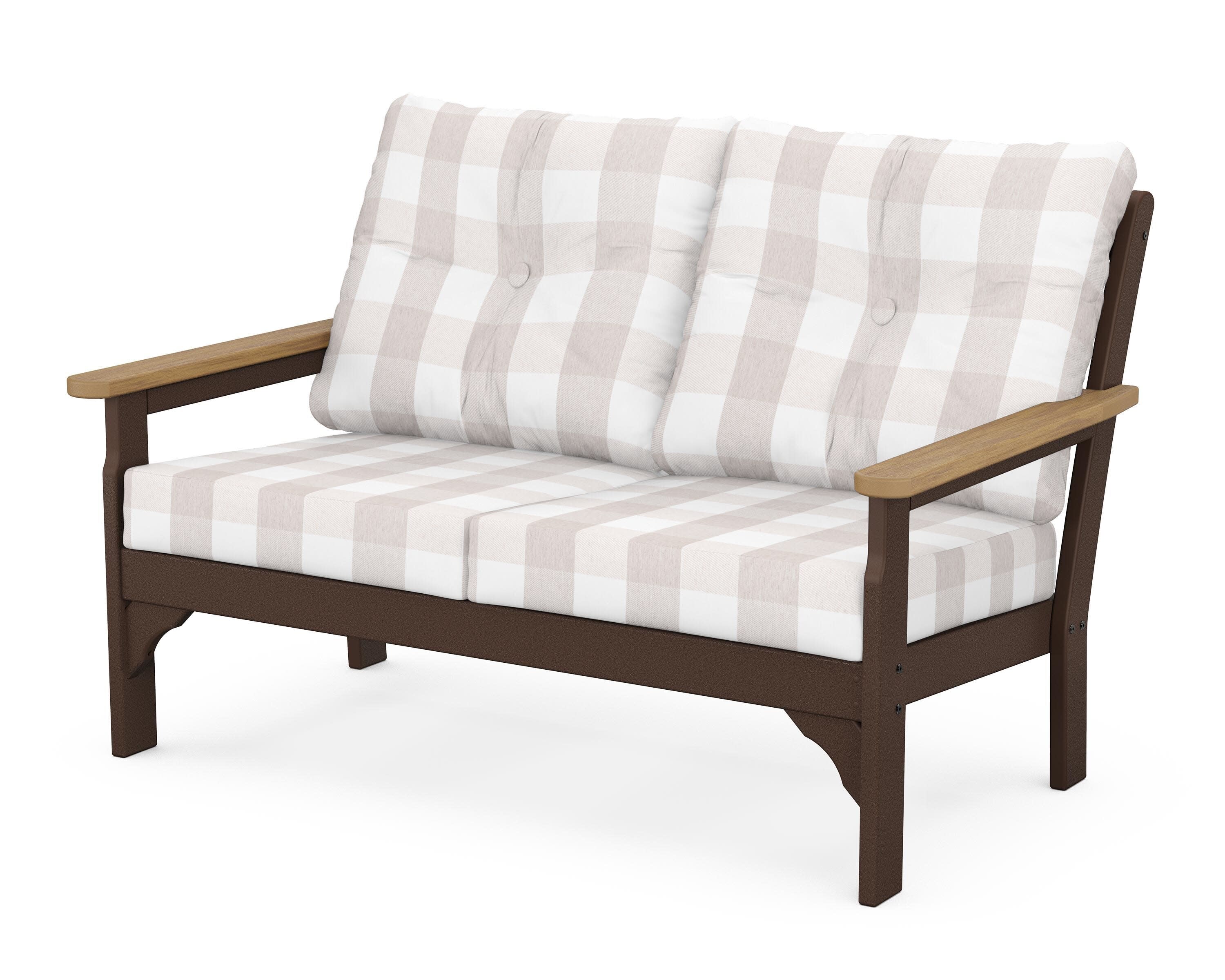 Vineyard Deep Seating Loveseat in Mahogany / Natural / Buffalo Plaid Dune Burlap