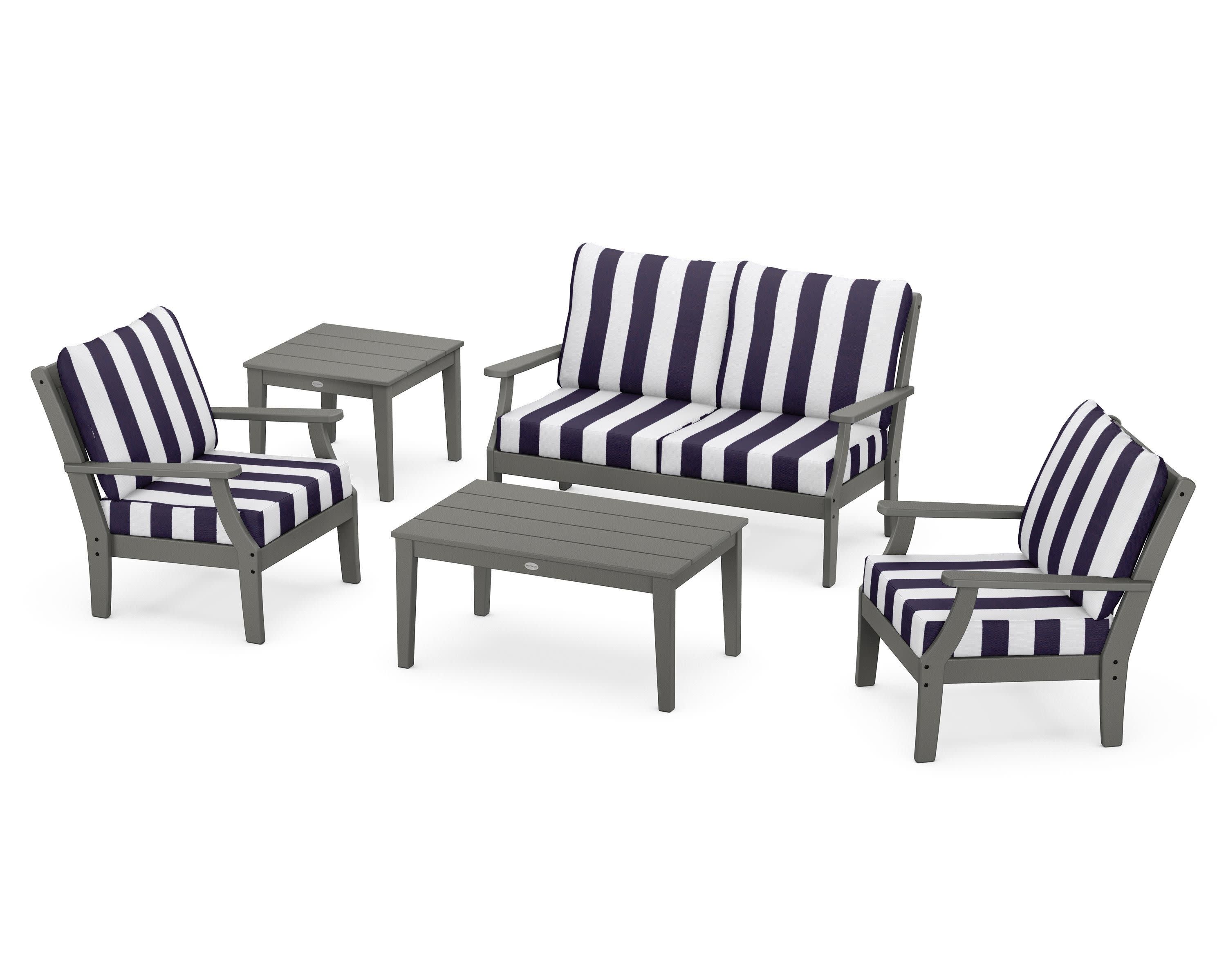 Braxton 5-Piece Deep Seating Set in Slate Grey / Cabana Stripe Navy