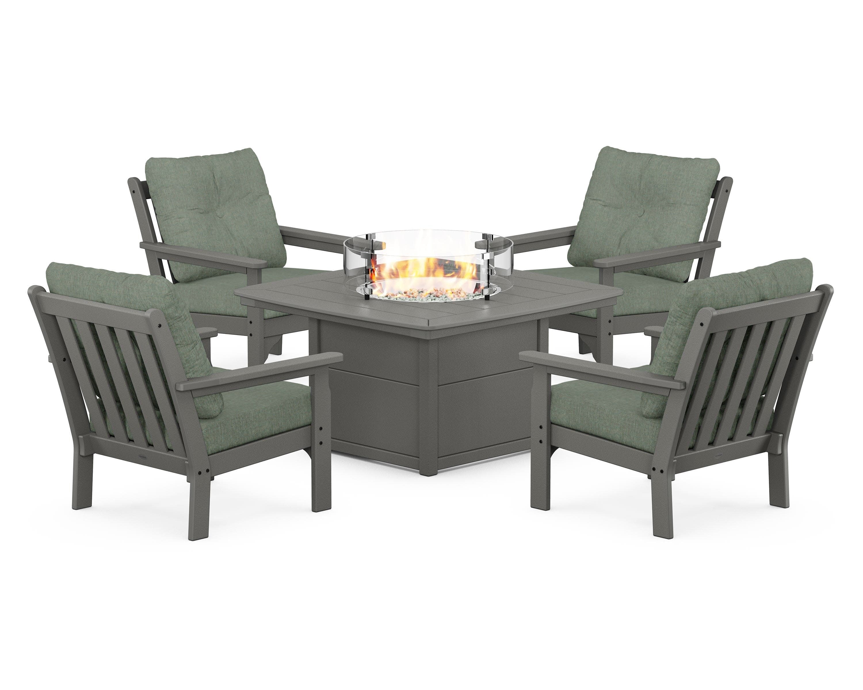 Vineyard 5-Piece Conversation Set with Fire Pit Table in Slate Grey / Cast Sage