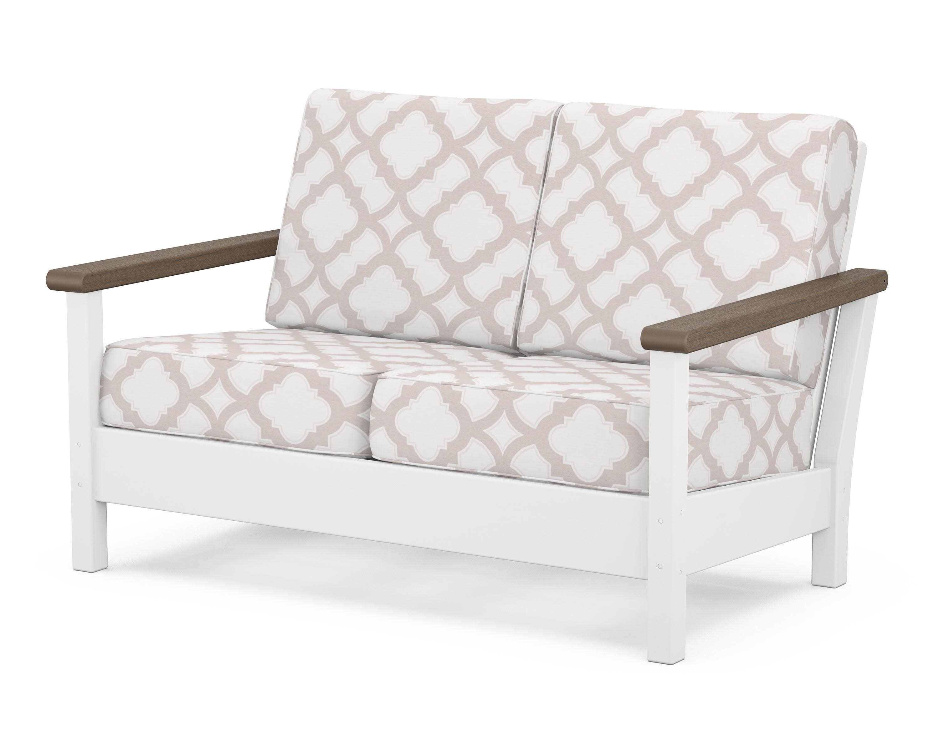 Harbour Deep Seating Loveseat in White / Kona / Trellis Dune Burlap