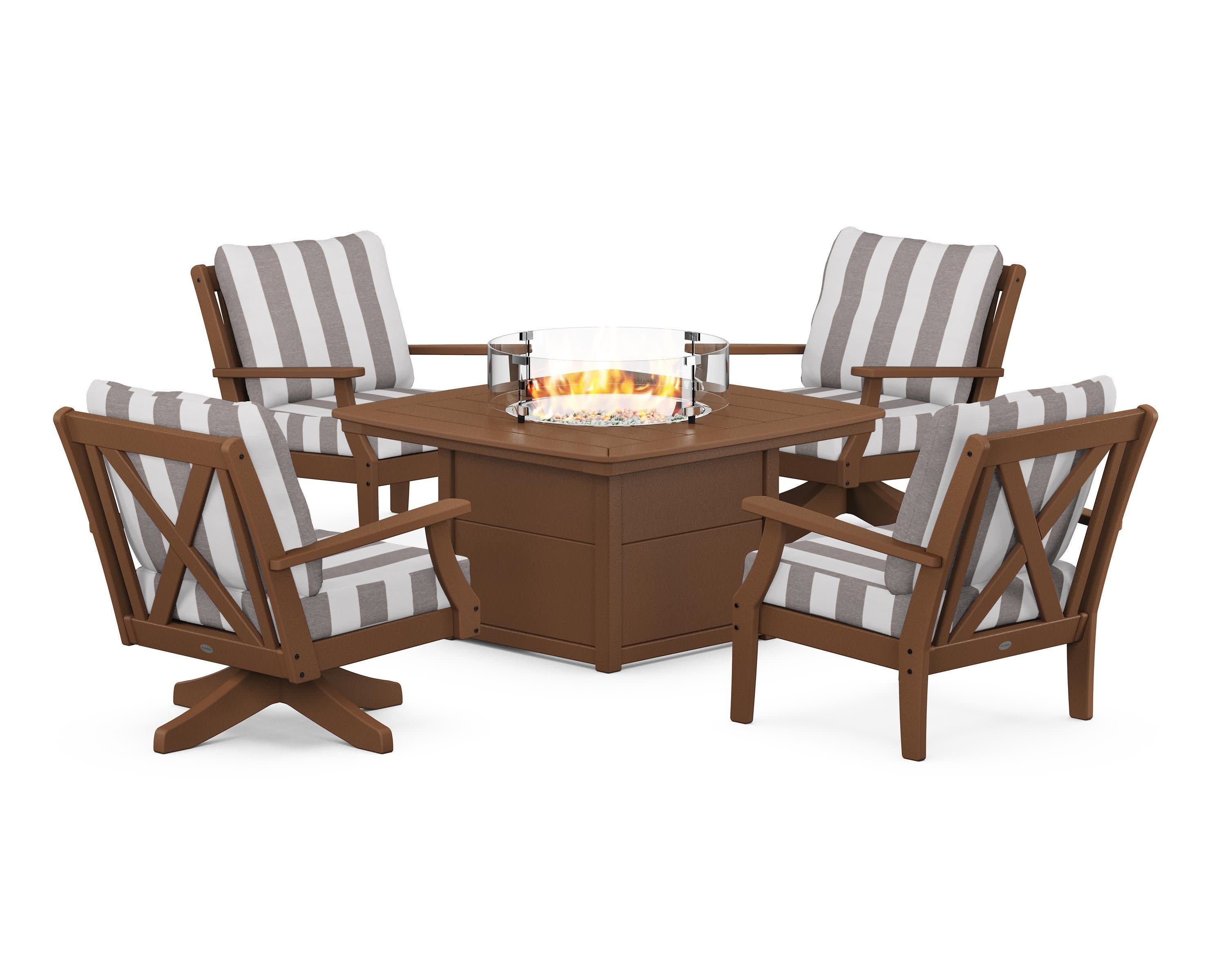 Braxton 5-Piece Deep Seating Set with Fire Table in Teak / Cabana Stripe Grey Mist