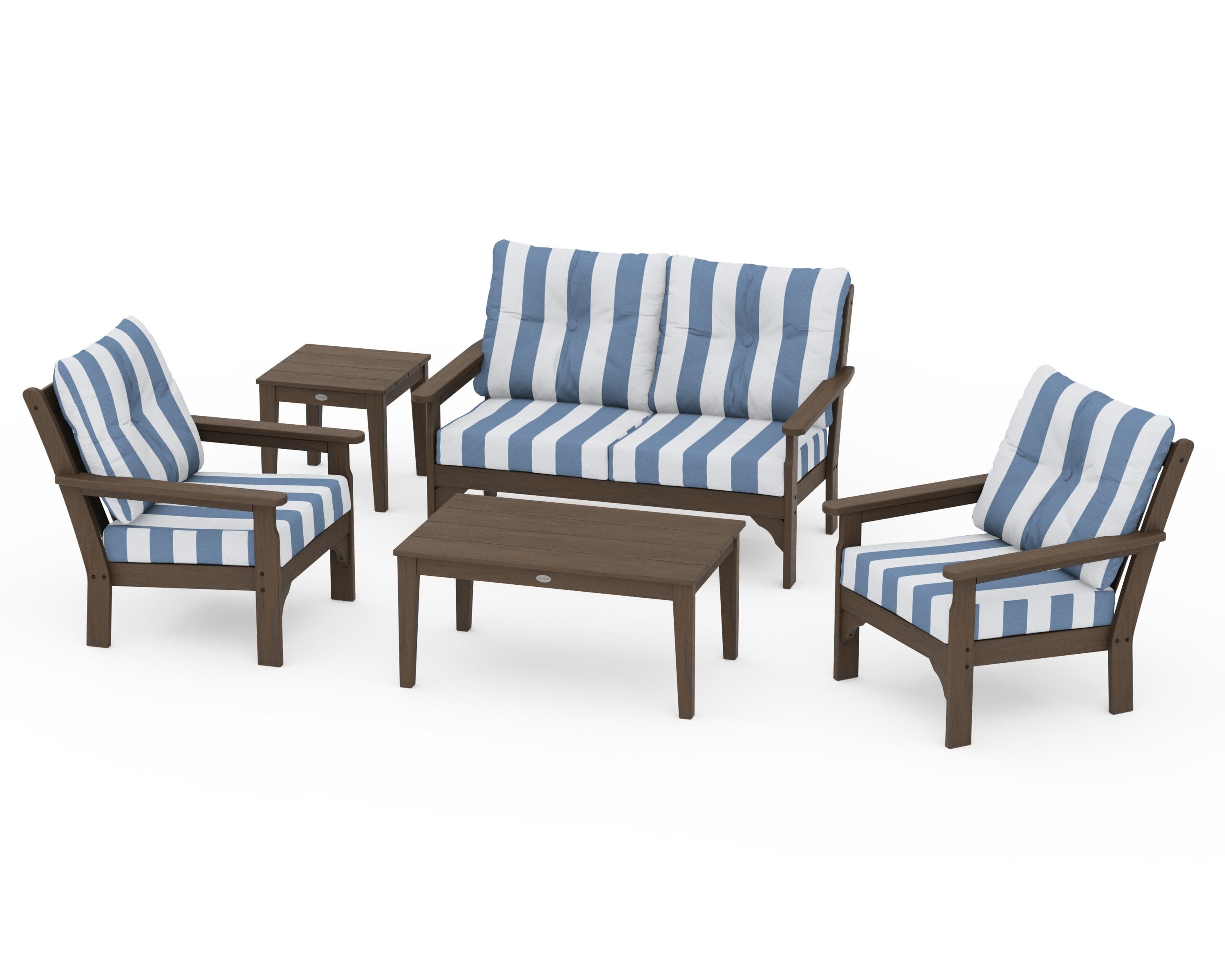 Vineyard 5-Piece Deep Seating Set in Kona / Cabana Stripe Sky Blue