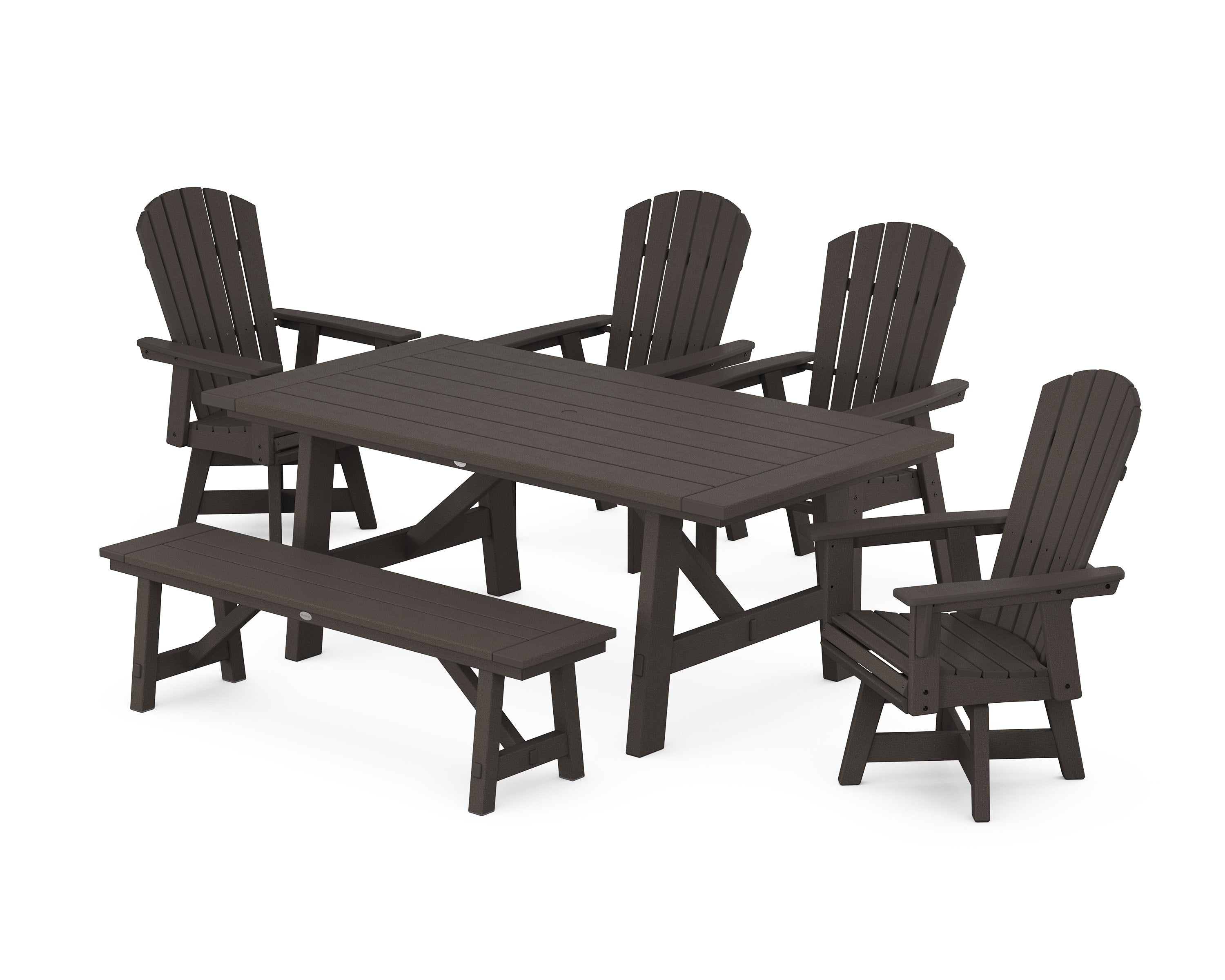 Nautical Adirondack Swivel 6-Piece Rustic Farmhouse Dining Set With Trestle Legs in Vintage Coffee