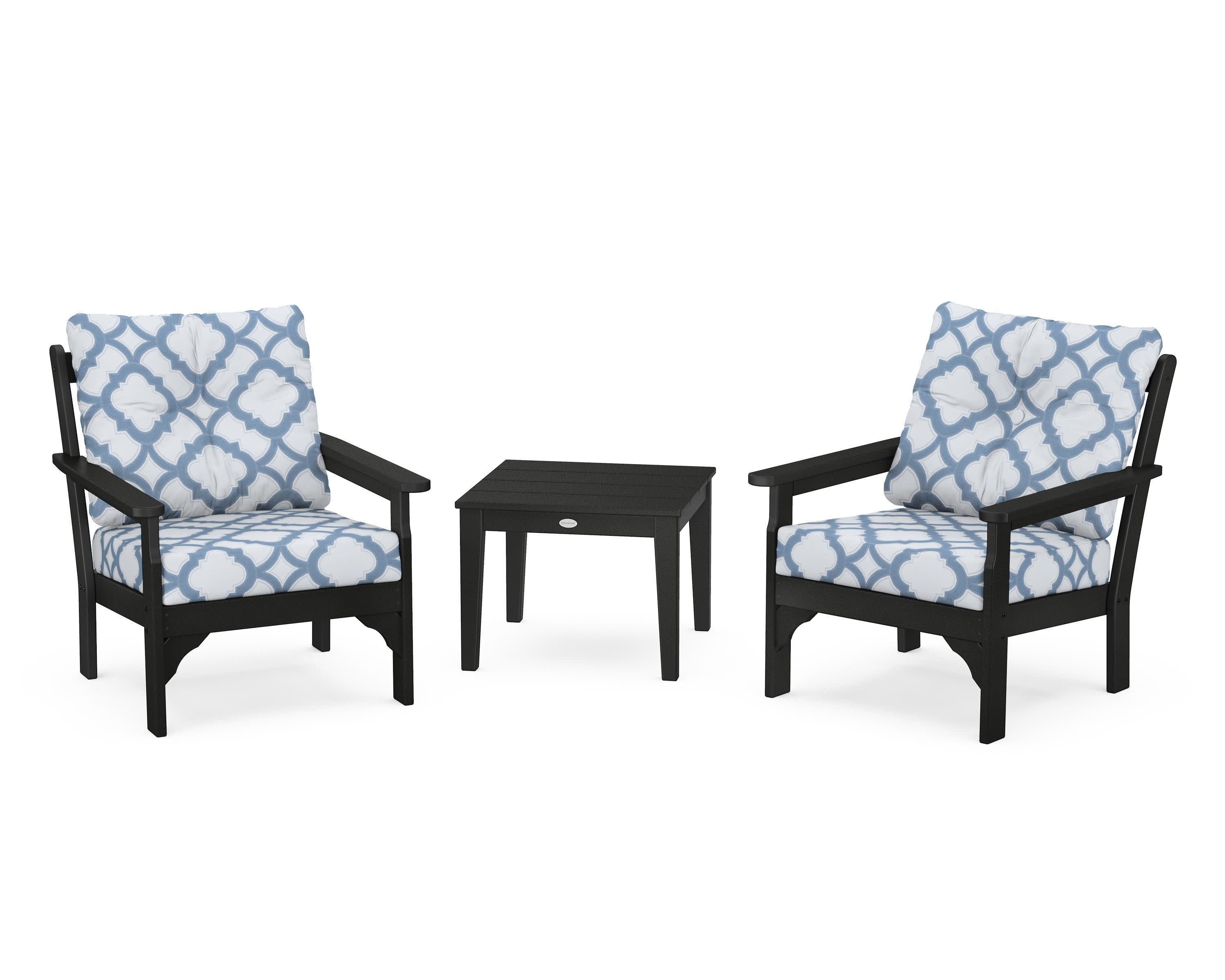 Vineyard 3-Piece Deep Seating Set in Black / Trellis Sky Blue