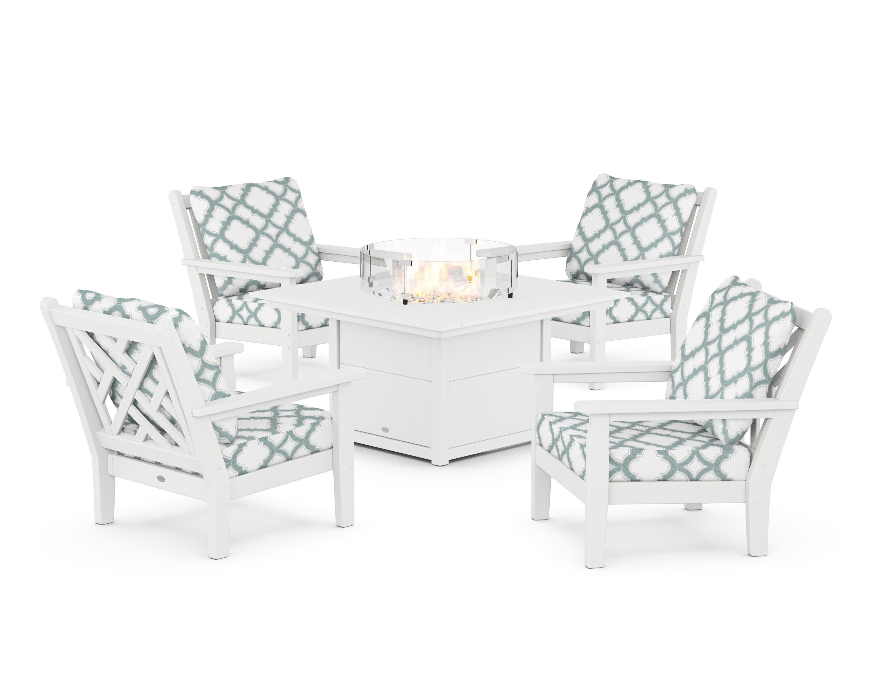 Chippendale 5-Piece Deep Seating Set with Fire Pit Table in White / Trellis Glacier Spa