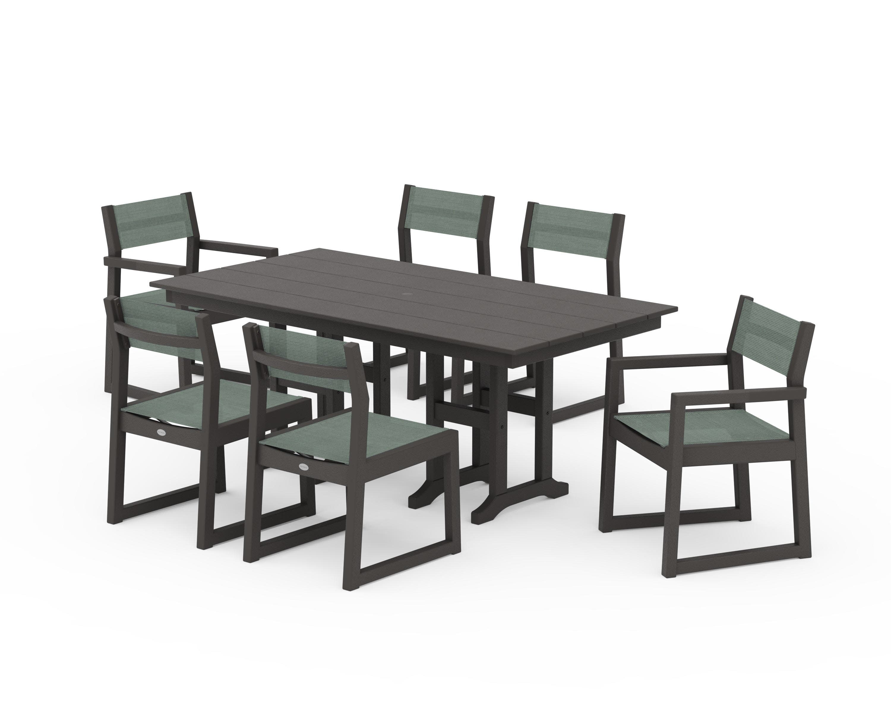 EDGE Sling 7-Piece Farmhouse Dining Set in Vintage Coffee / Dupioni Sea Mist Sling