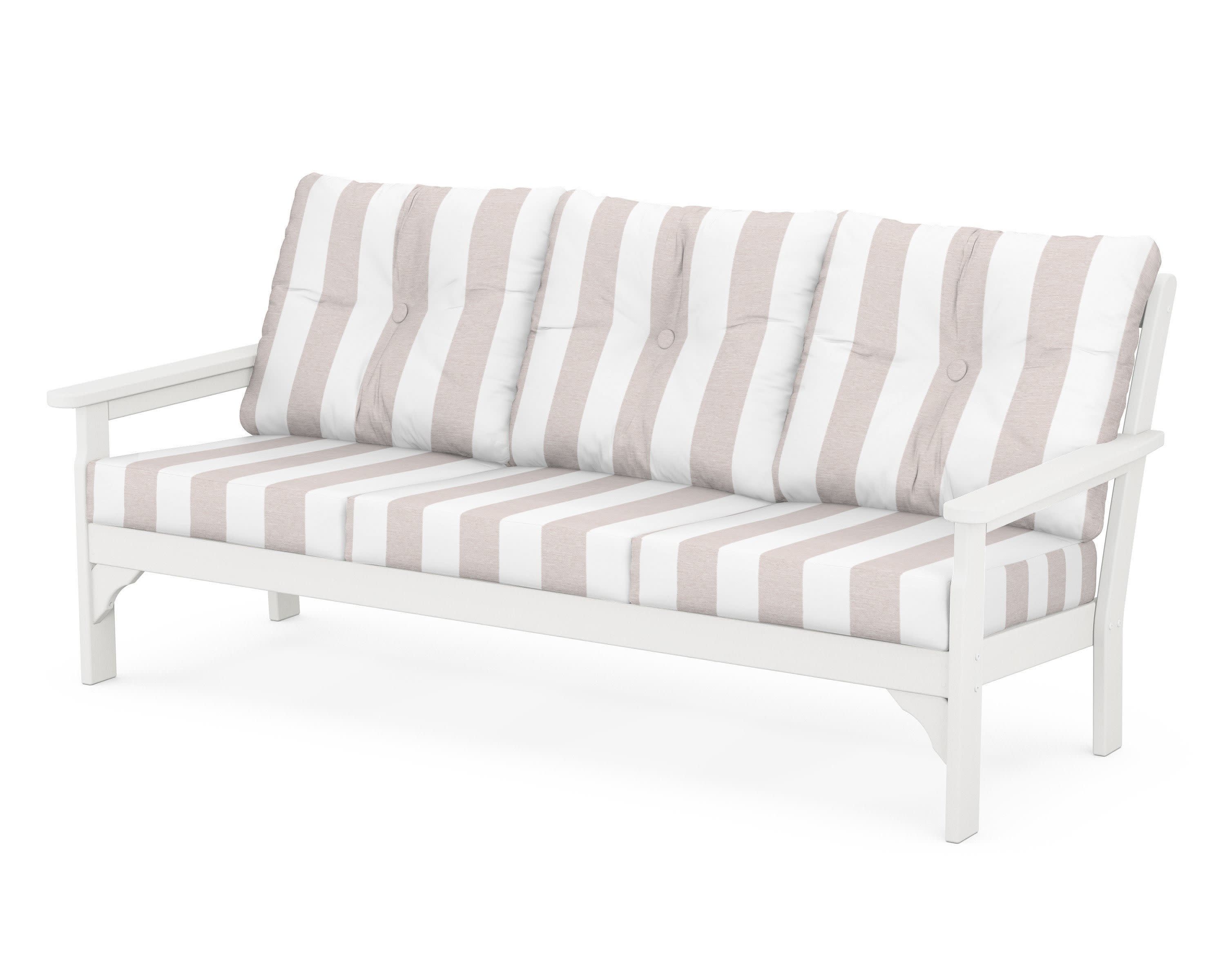 Vineyard Deep Seating Sofa in Vintage White / Cabana Stripe Dune Burlap