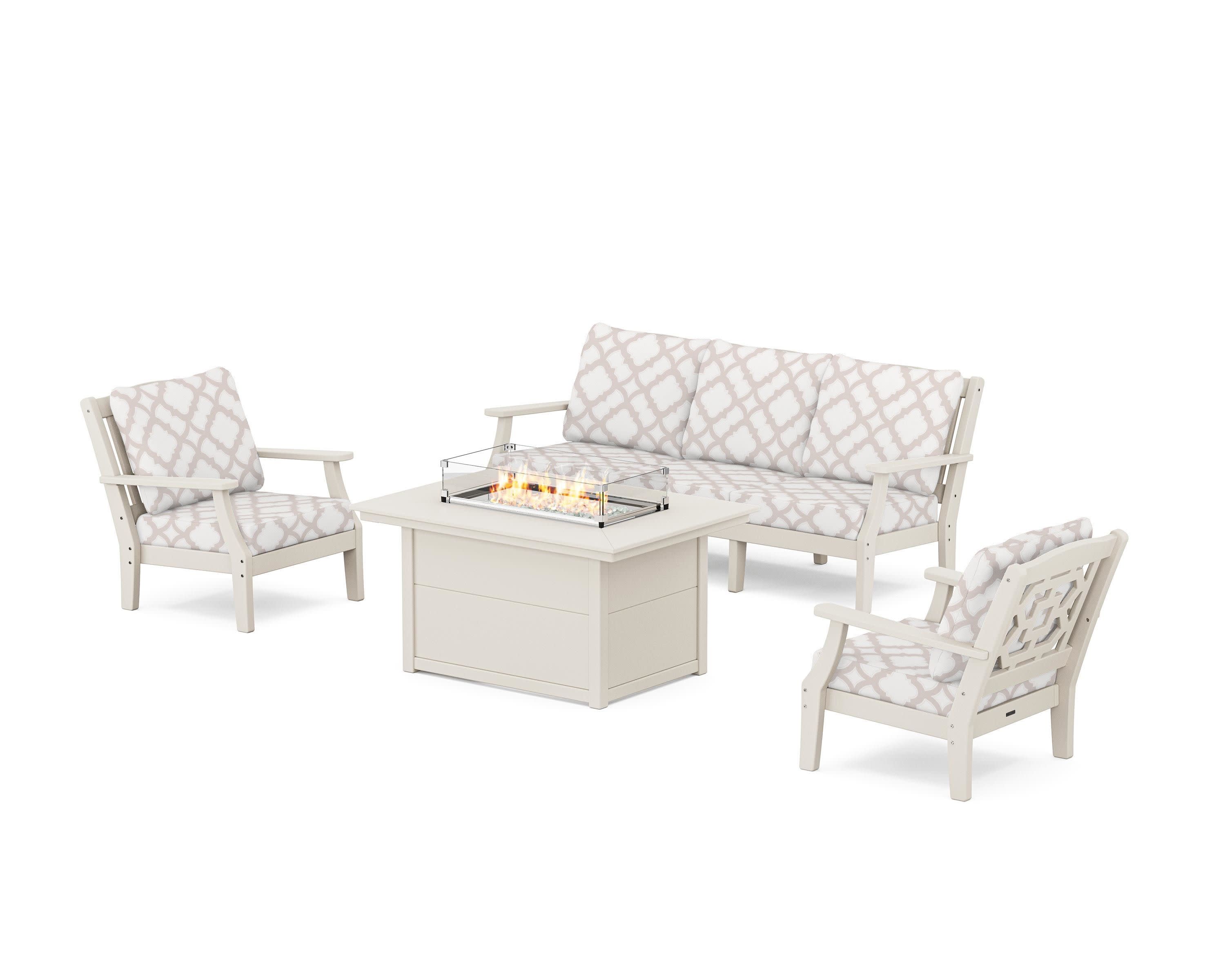 Chinoiserie Deep Seating Fire Pit Table Set in Sand / Trellis Dune Burlap
