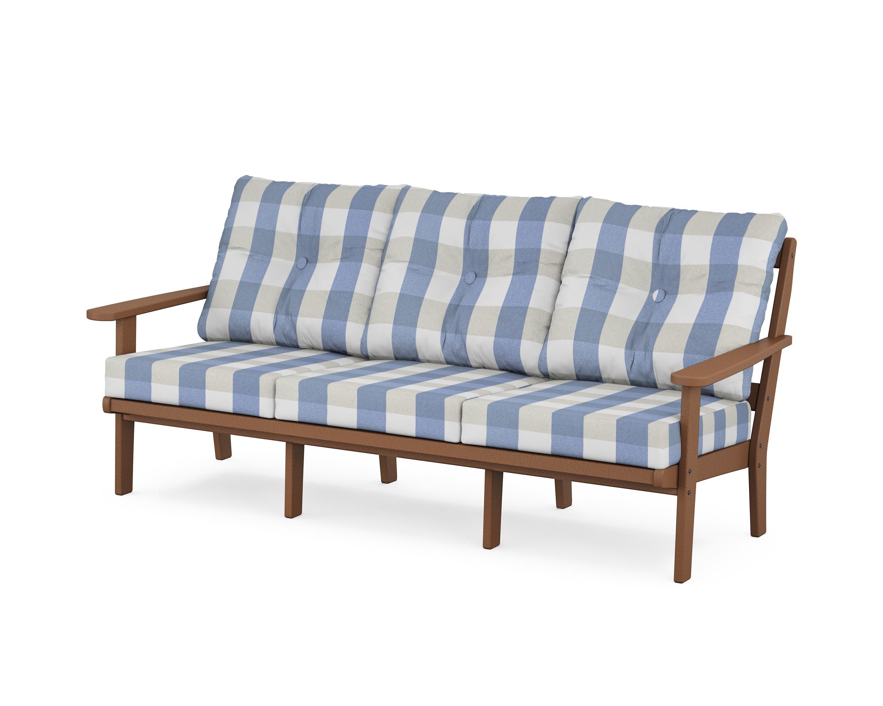 Mission Deep Seating Sofa in Teak / Buffalo Plaid Sky Blue