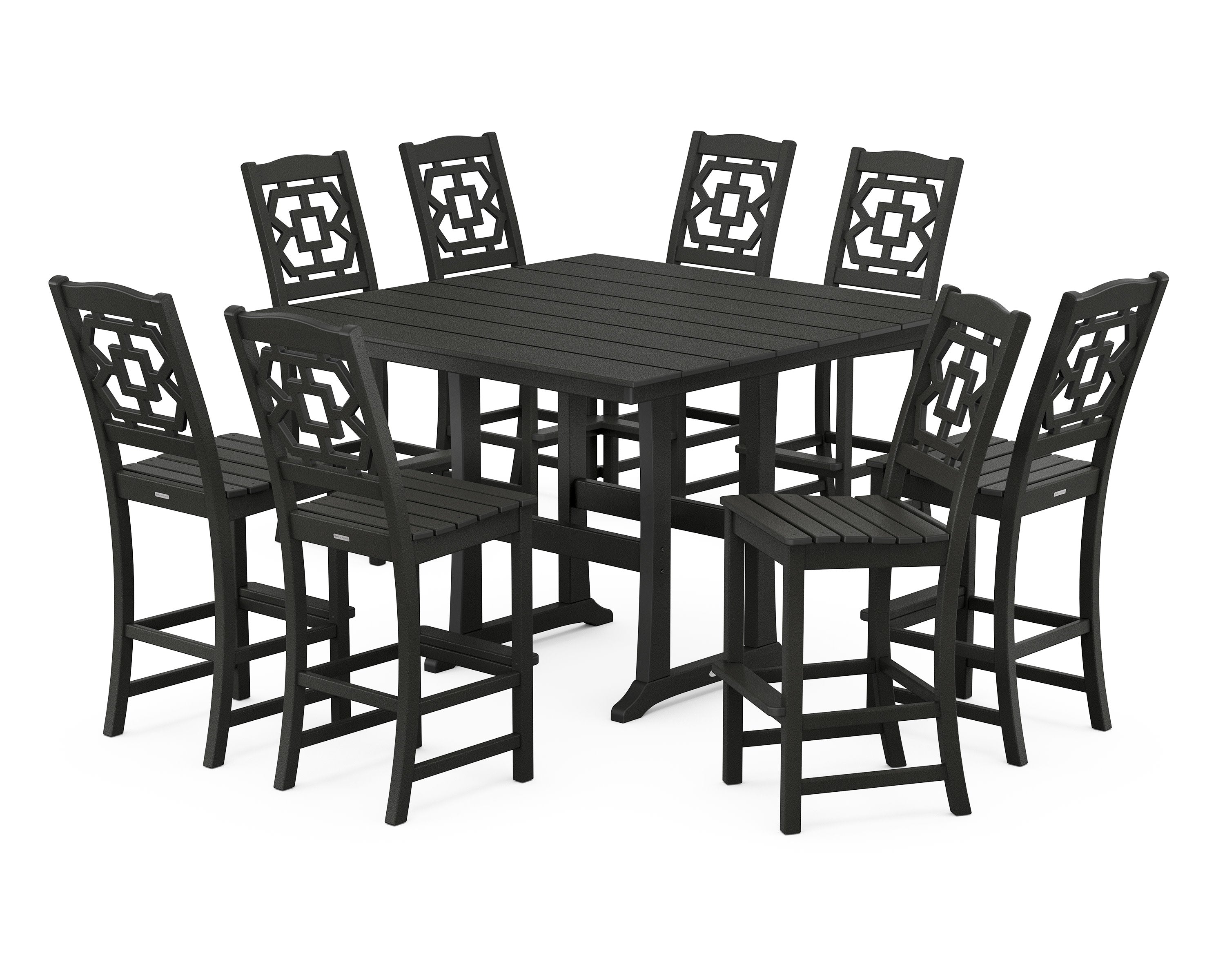 Chinoiserie 9-Piece Square Farmhouse Side Chair Bar Set with Trestle Legs in Black