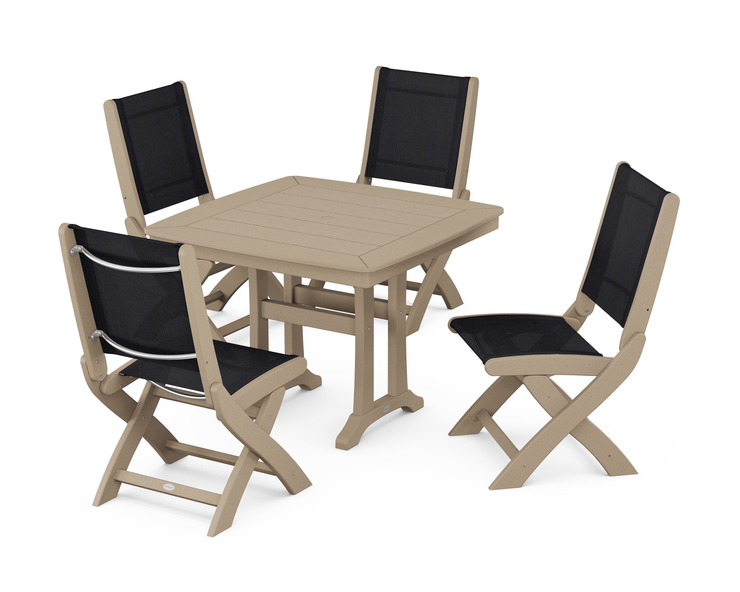 Coastal Folding Side Chair 5-Piece Dining Set with Trestle Legs in Vintage Sahara / Black Sling