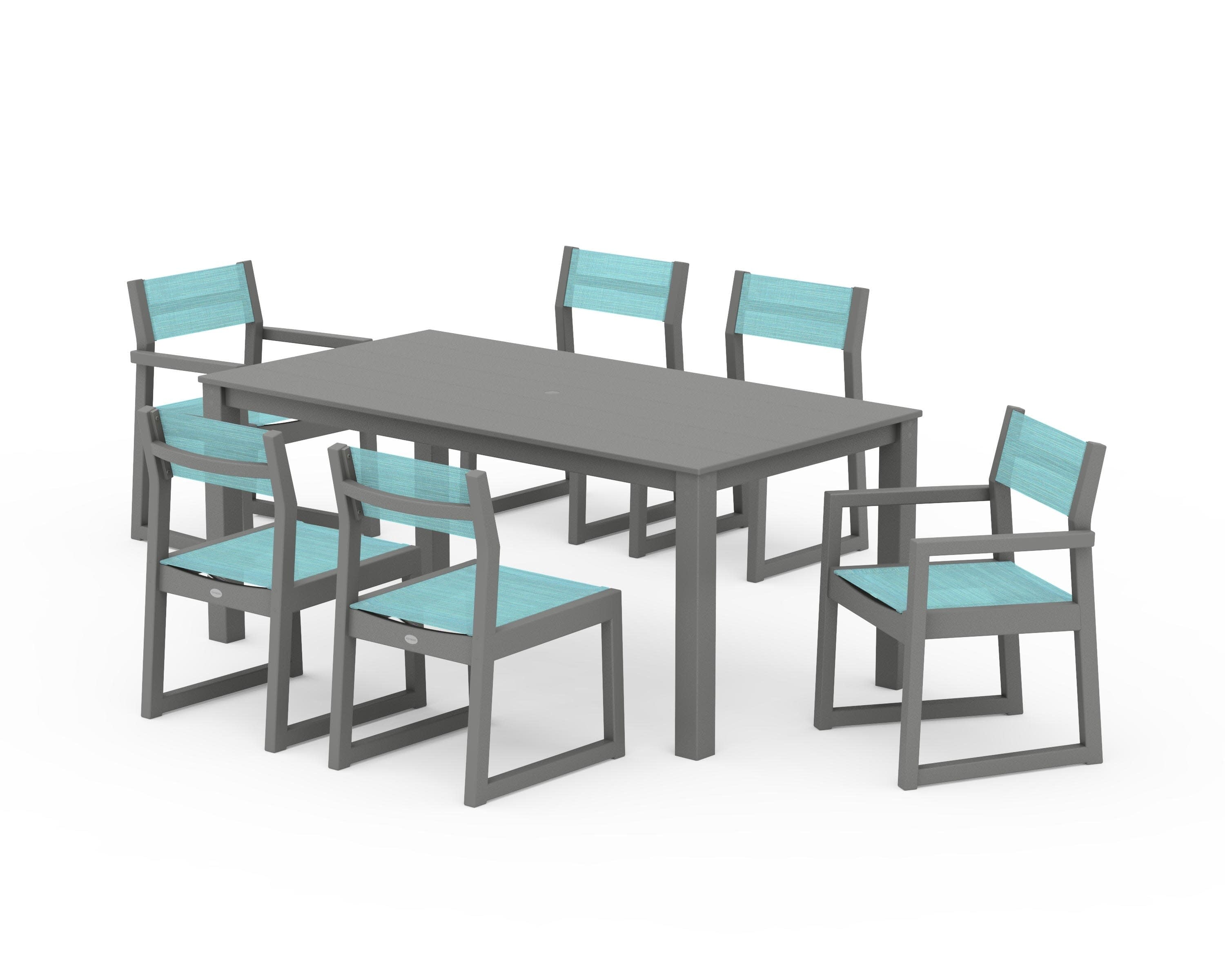 EDGE Sling 7-Piece Parsons Dining Set in Slate Grey / Dupioni Aquamarine Sling