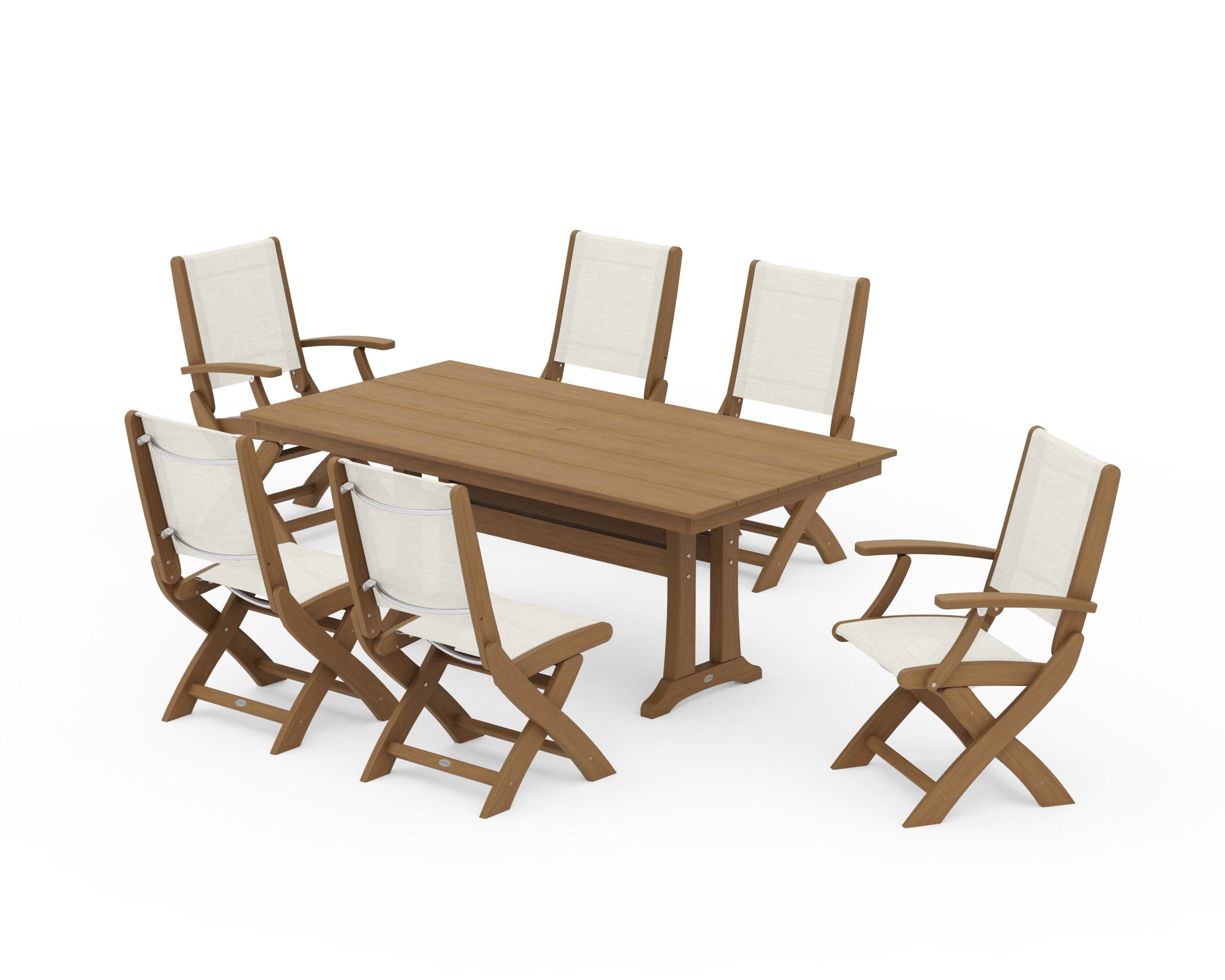 Coastal Folding Chair 7-Piece Farmhouse Dining Set with Trestle Legs in Natural / Parchment Sling