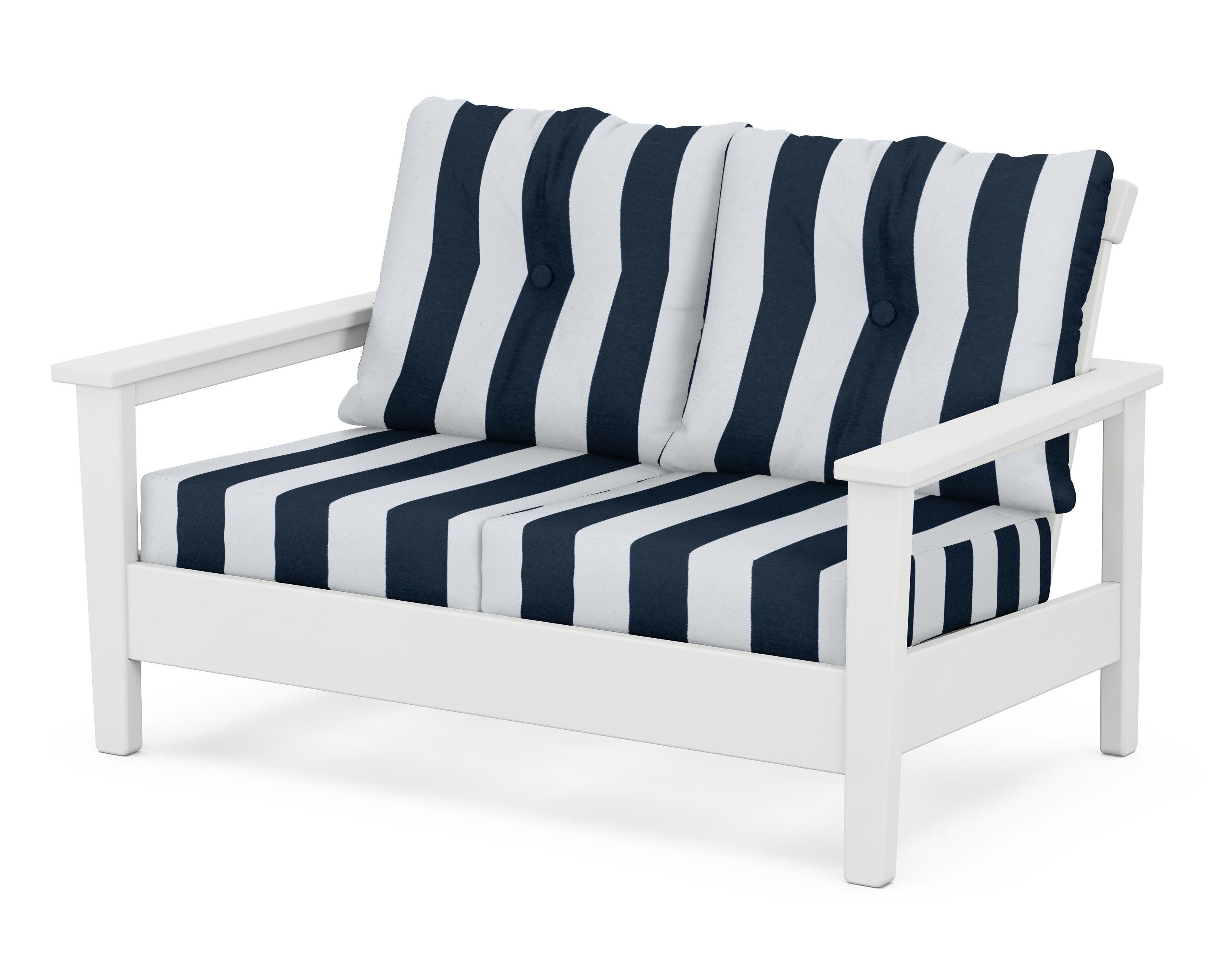 Prescott Deep Seating Loveseat in White / Cabana Stripe Marine Indigo