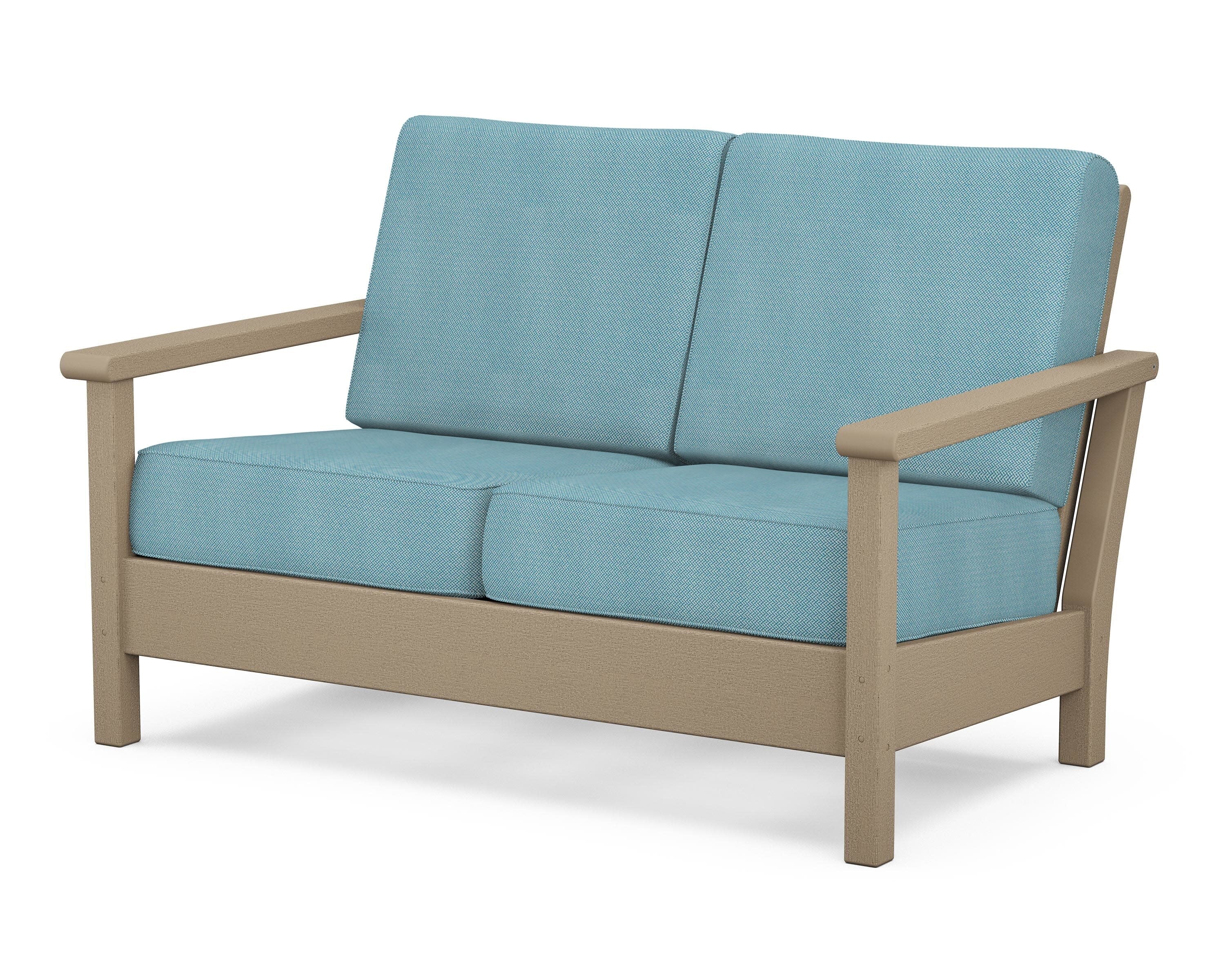 Harbour Deep Seating Loveseat in Vintage Sahara / Lattice Sky Blue