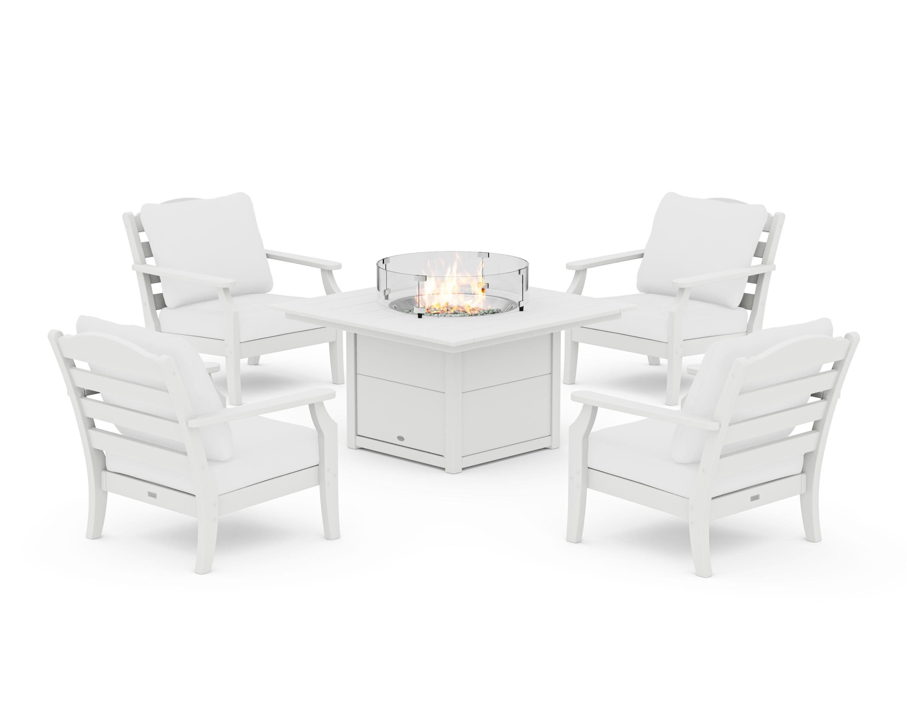 Savannah 5-Piece Deep Seating Set with Fire Pit Table in White / Natural
