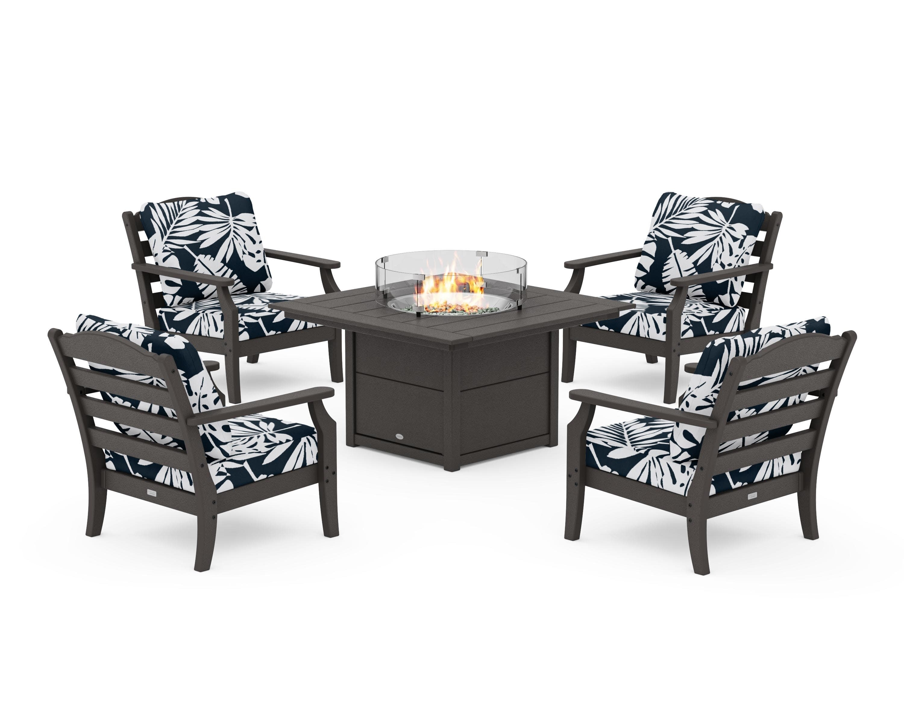 Savannah 5-Piece Deep Seating Set with Fire Pit Table in Vintage Coffee / Leaf Marine Indigo