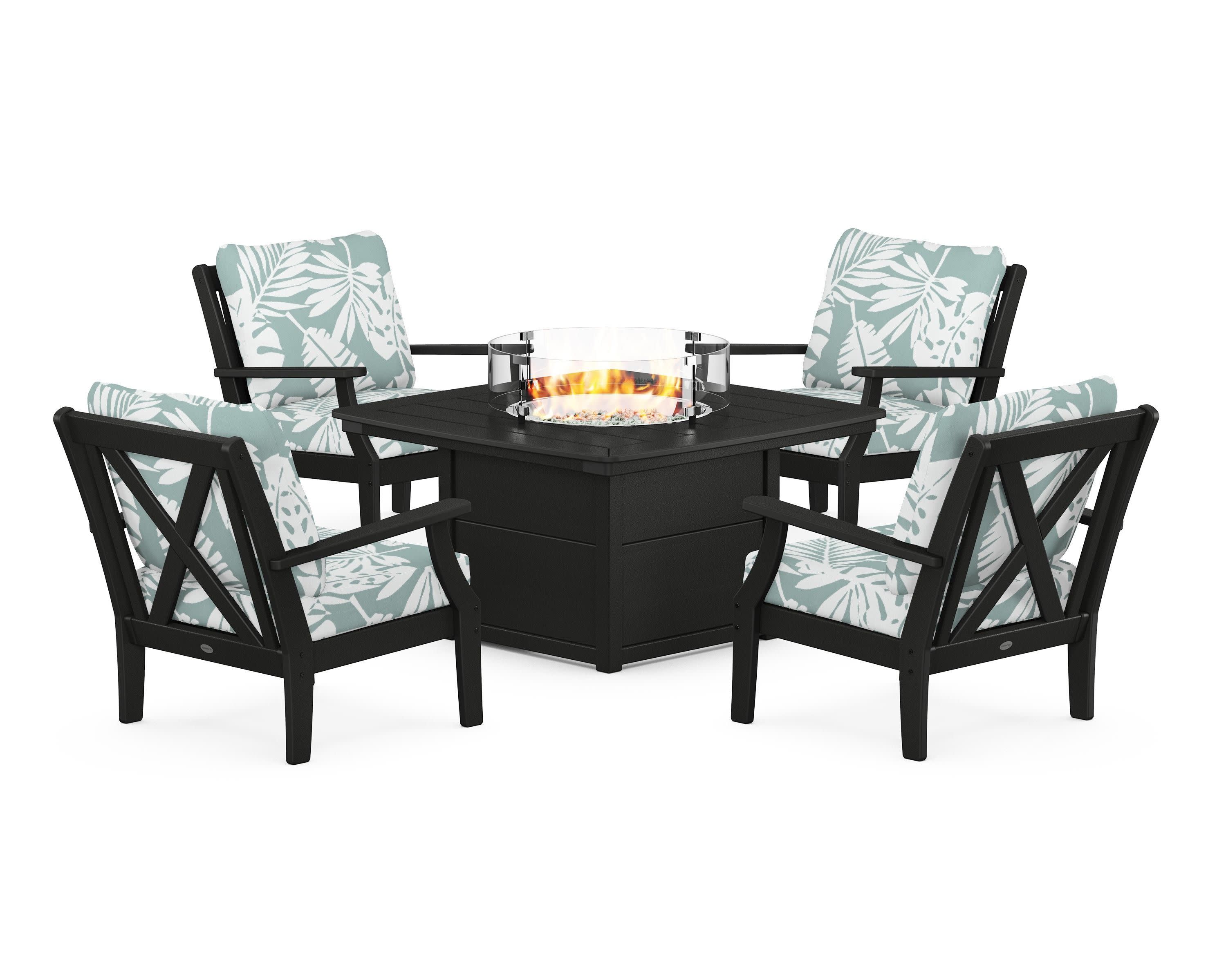 Braxton 5-Piece Deep Seating Conversation Set with Fire Pit Table in Black / Leaf Glacier Spa