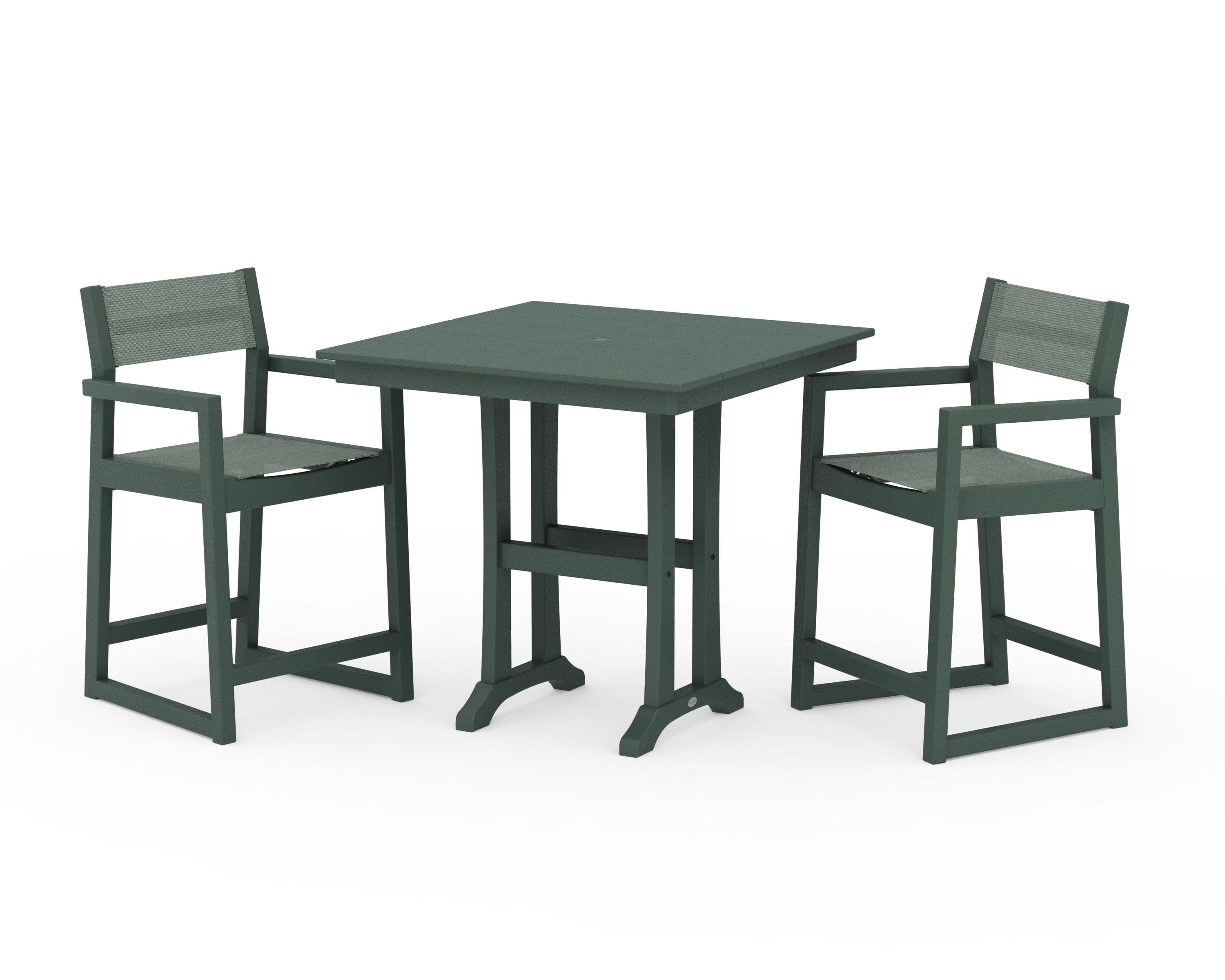 EDGE Sling Arm Chair 3-Piece Farmhouse Counter Set with Trestle Legs in Green / Dupioni Sea Mist Sling