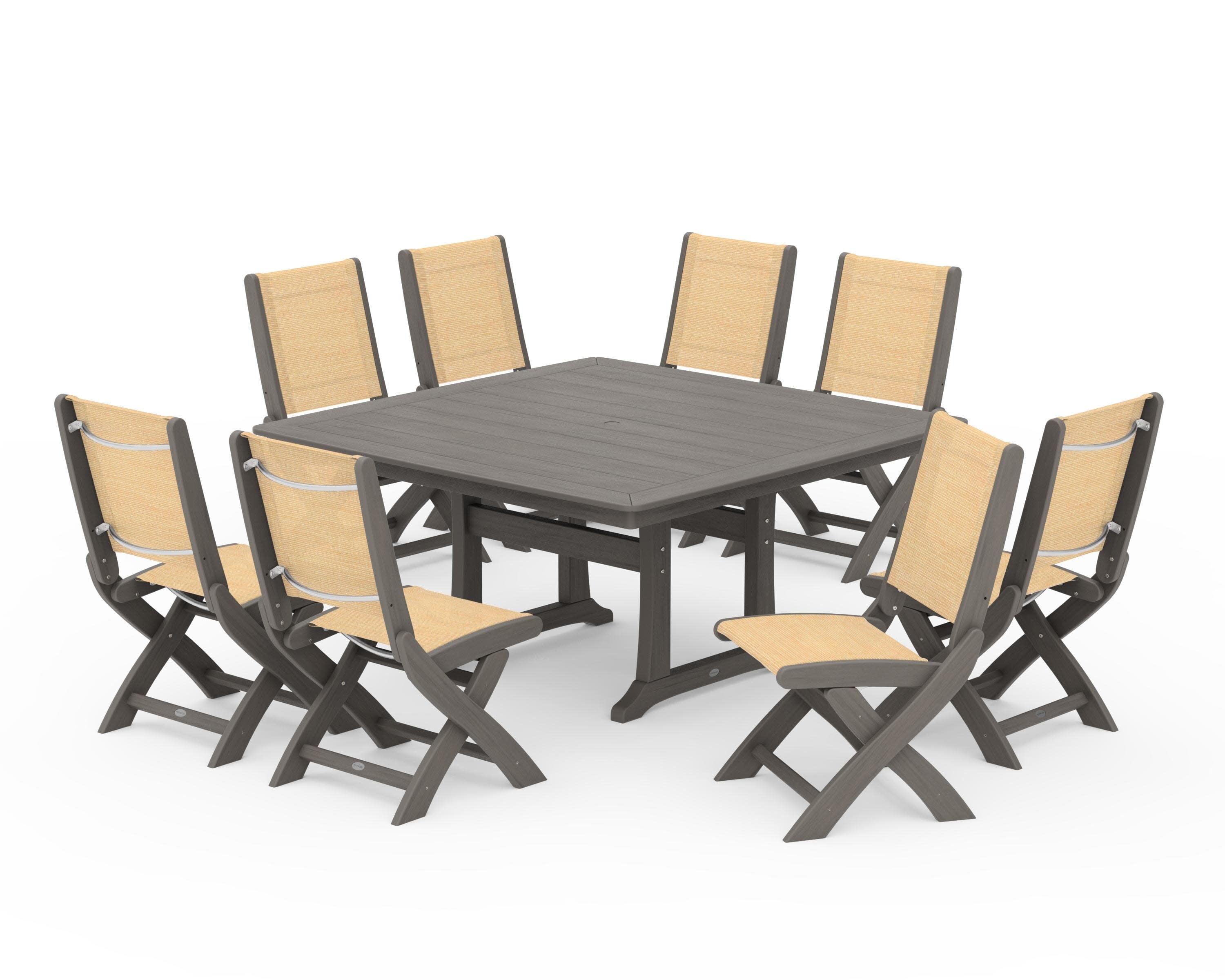 Coastal Folding Side Chair 9-Piece Dining Set with Trestle Legs in Driftwood / Dupioni Apricot Sling