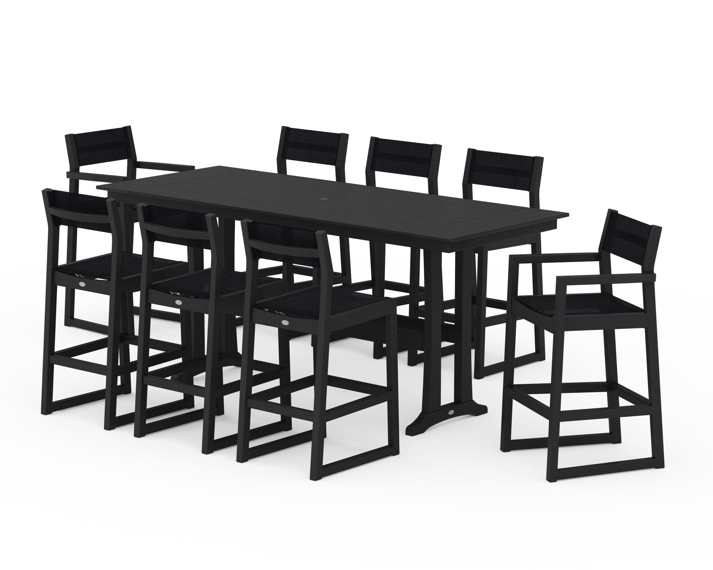 EDGE Sling 9-Piece Farmhouse Bar Set with Trestle Legs in Black / Black Sling