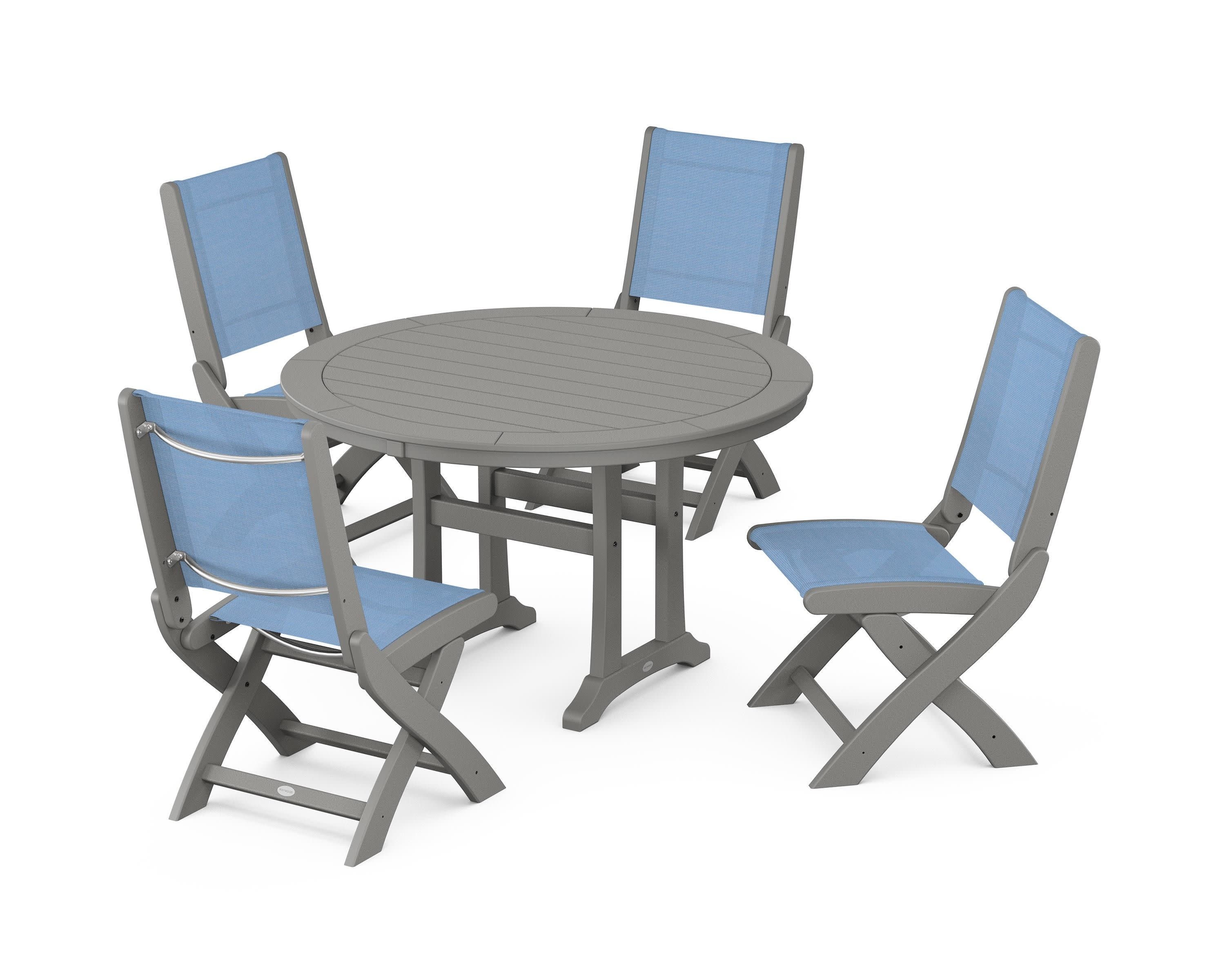 Coastal Folding Side Chair 5-Piece Round Dining Set With Trestle Legs in Slate Grey / Poolside Sling