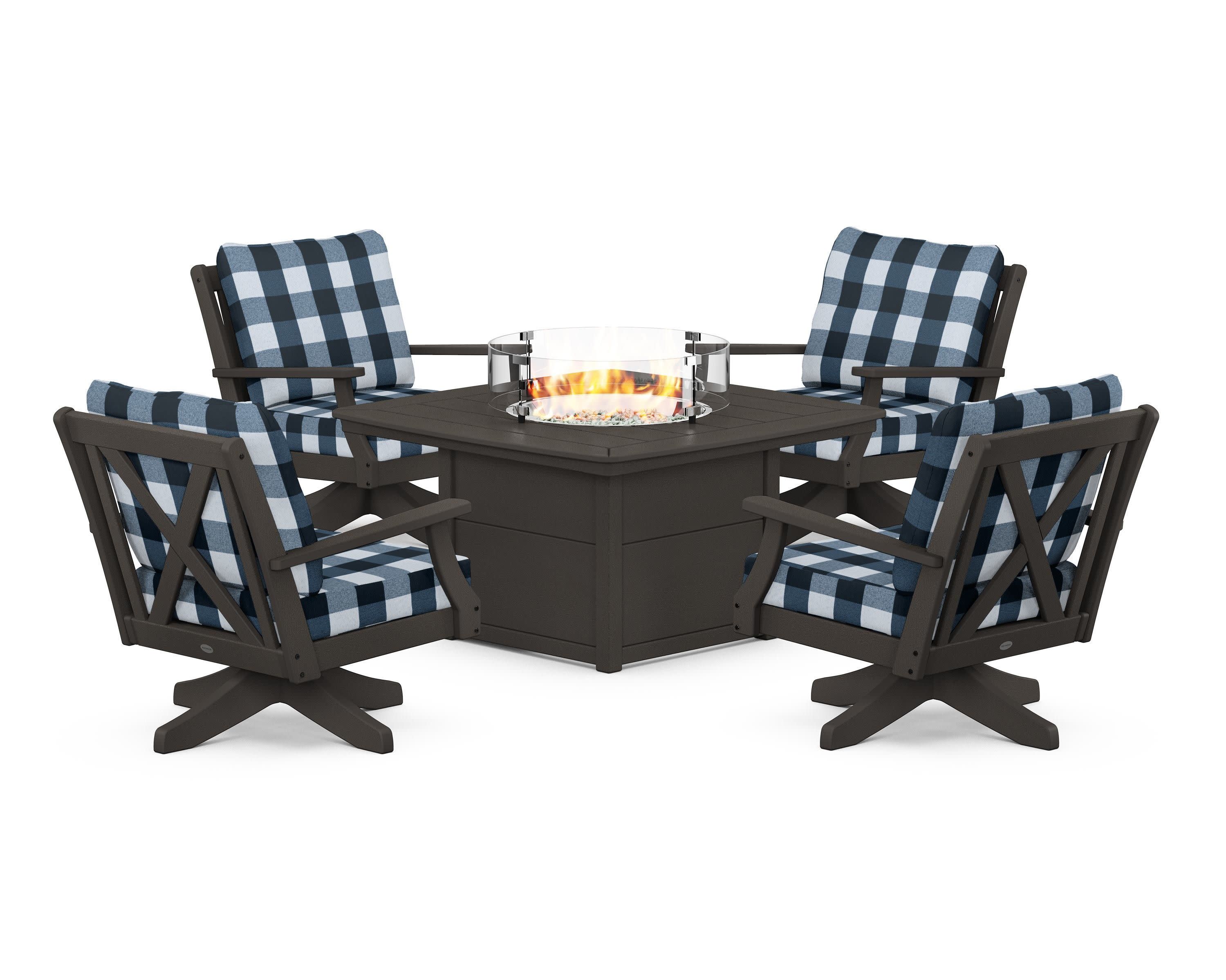 Braxton 5-Piece Deep Seating Swivel Conversation Set with Fire Pit Table in Vintage Coffee / Buffalo Plaid Marine Indigo