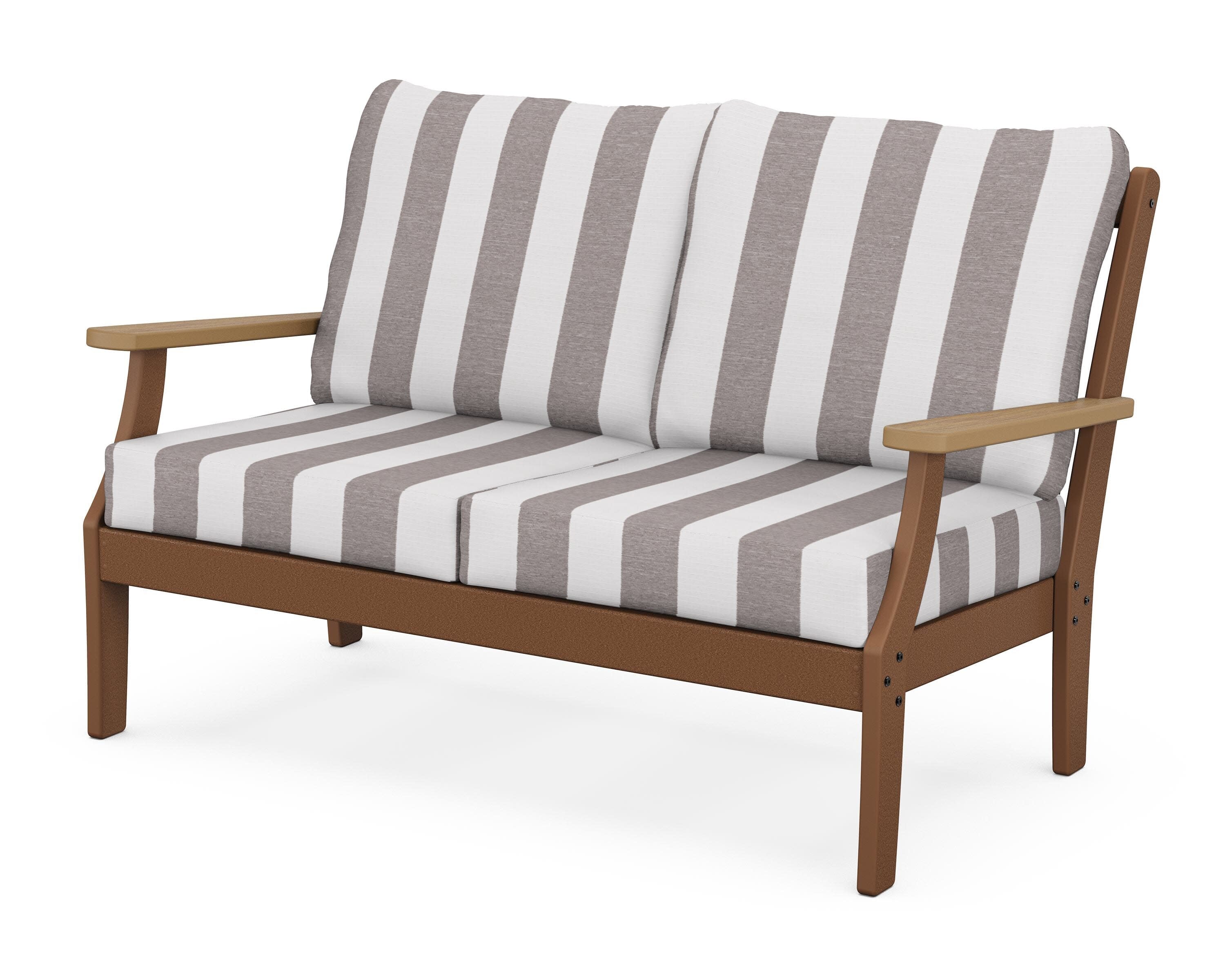 Braxton Deep Seating Loveseat in Teak / Natural / Cabana Stripe Grey Mist