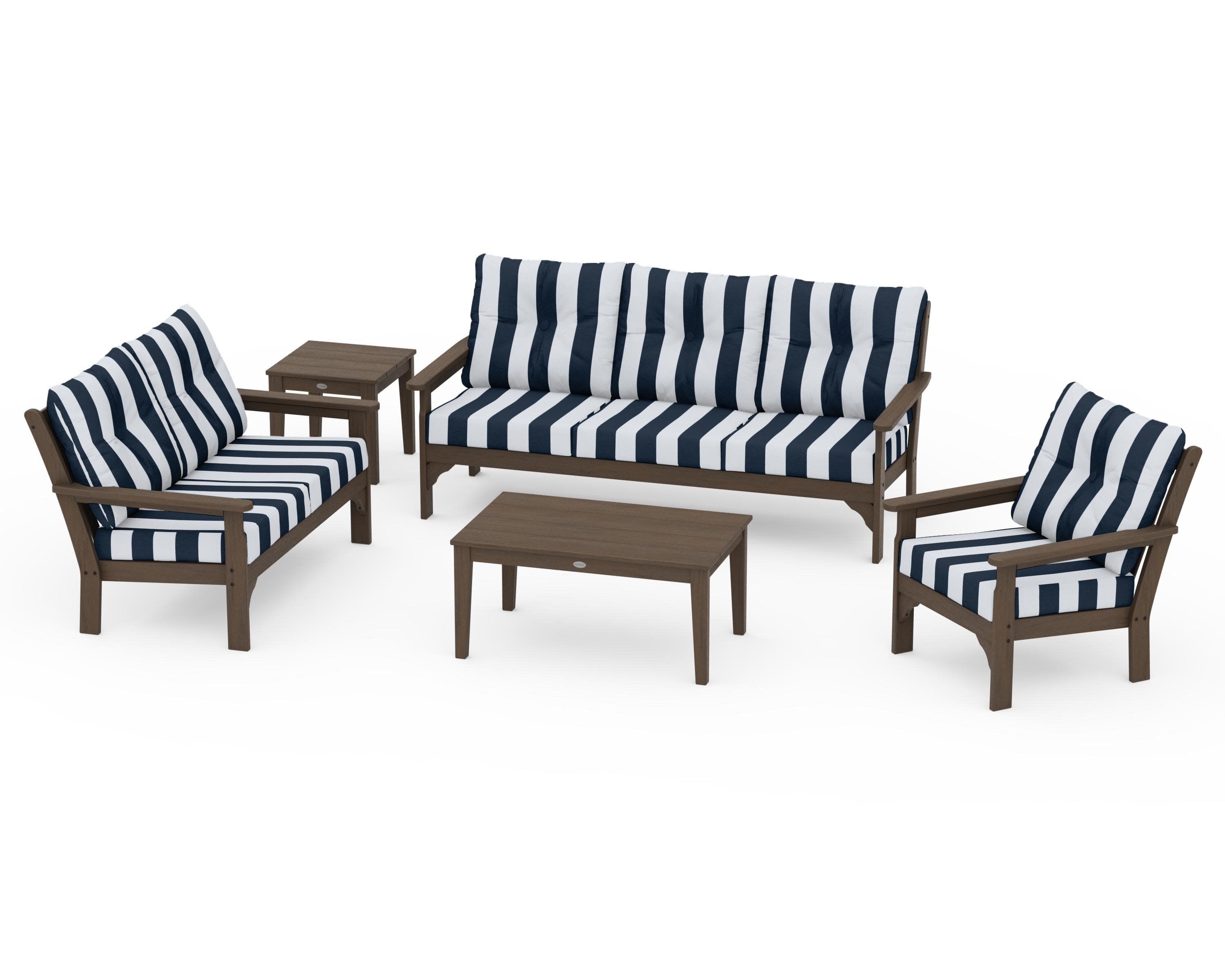 Vineyard 5 Piece Deep Seating Set in Kona / Cabana Stripe Marine Indigo