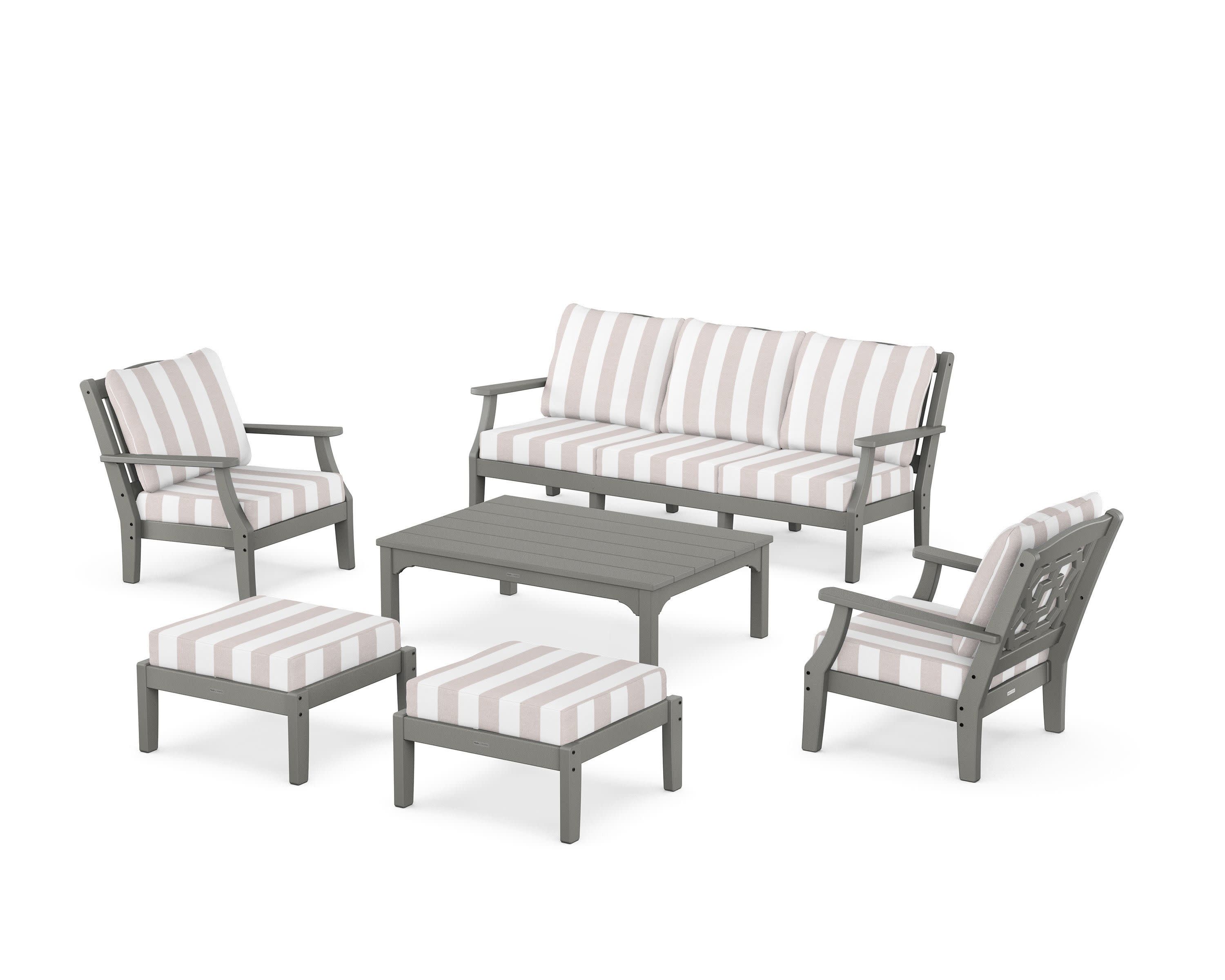 Chinoiserie 6-Piece Lounge Sofa Set in Slate Grey / Cabana Stripe Dune Burlap