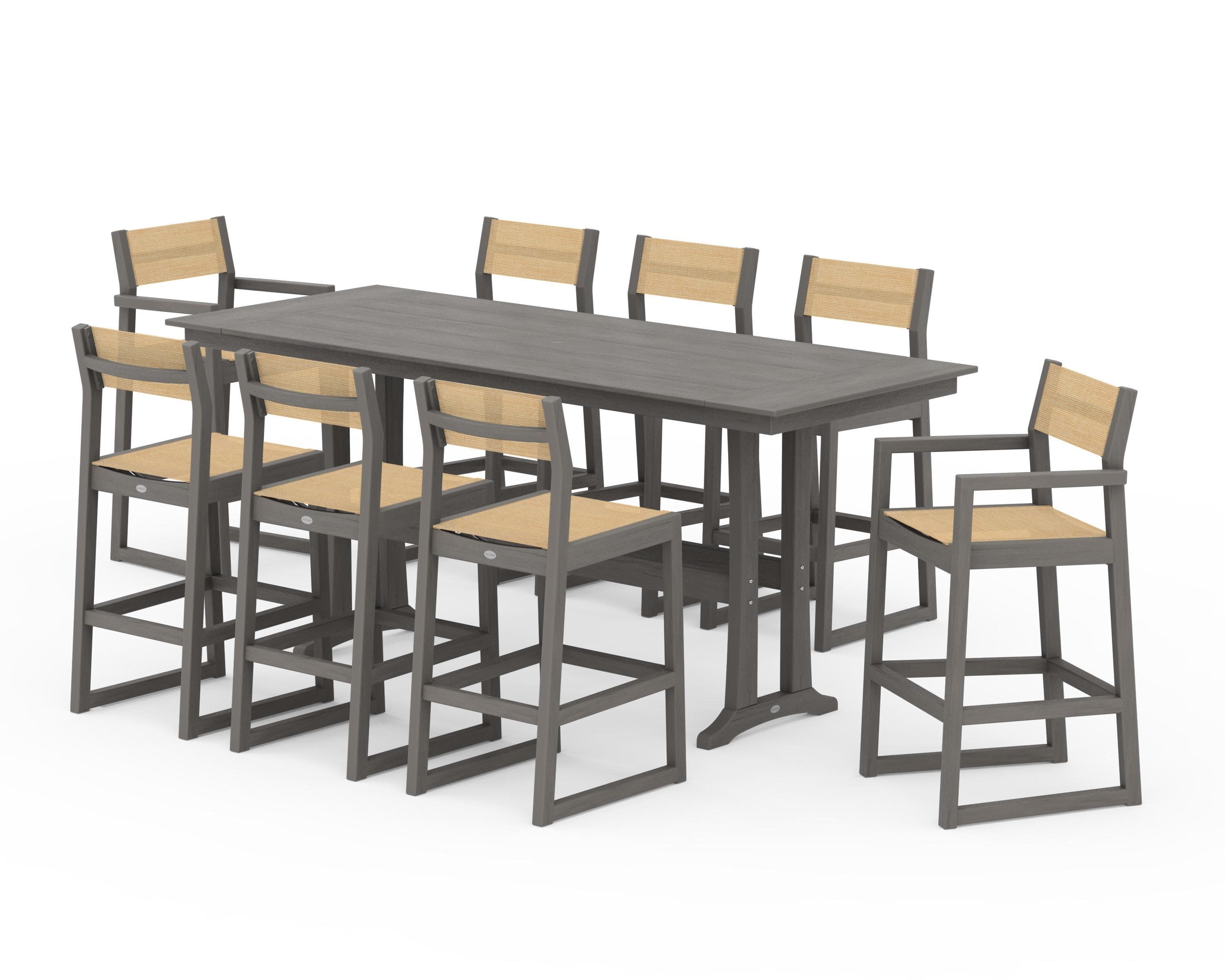 EDGE Sling 9-Piece Farmhouse Bar Set with Trestle Legs in Driftwood / Dupioni Apricot Sling