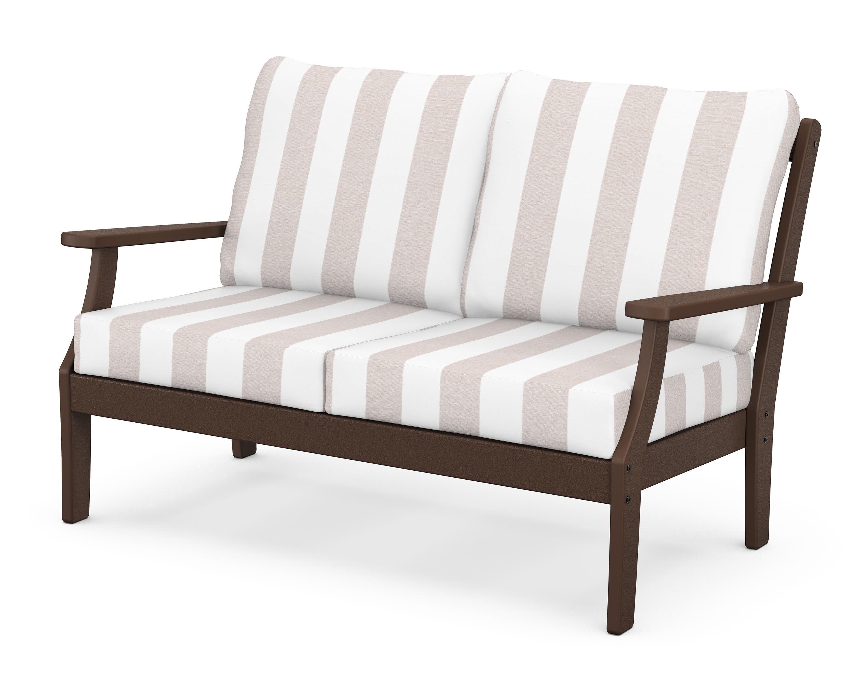 Braxton Deep Seating Loveseat in Mahogany / Cabana Stripe Dune Burlap