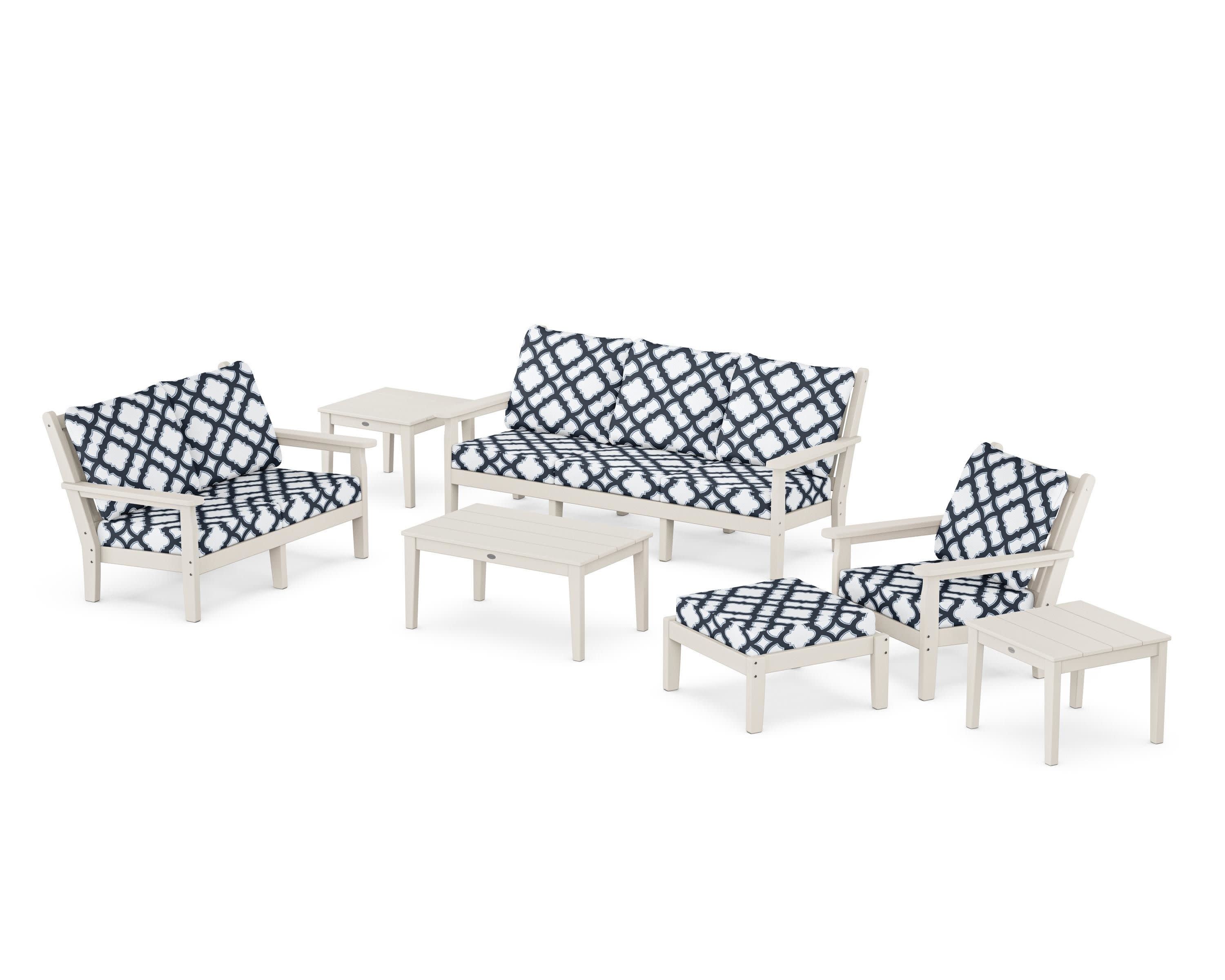 Chippendale 7-Piece Deep Seating Set in Sand / Trellis Marine Indigo