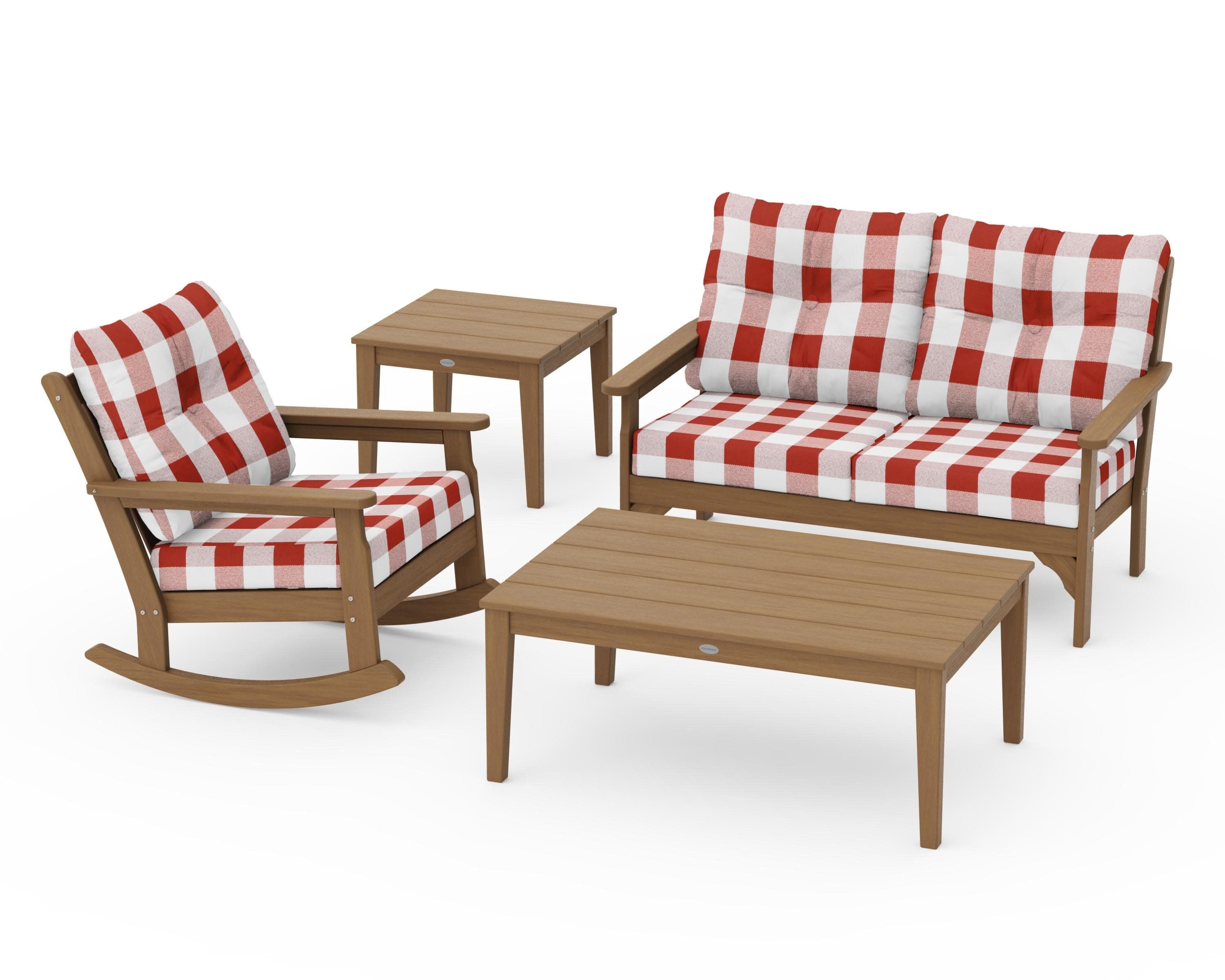Vineyard 4-Piece Deep Seating Rocker Set in Natural / Buffalo Plaid Crimson