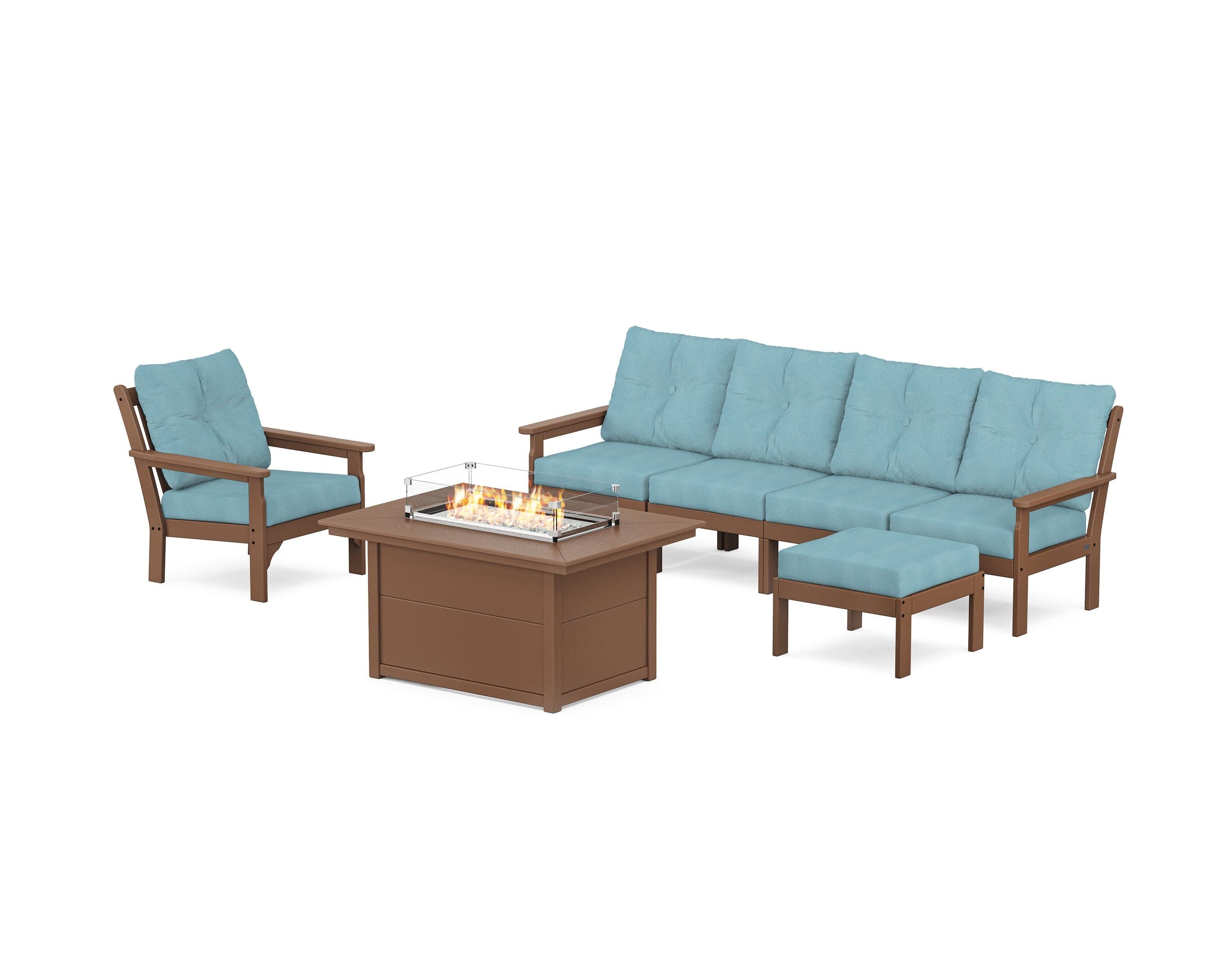 Vineyard Sectional Lounge and Fire Pit Set in Teak / Lattice Sky Blue