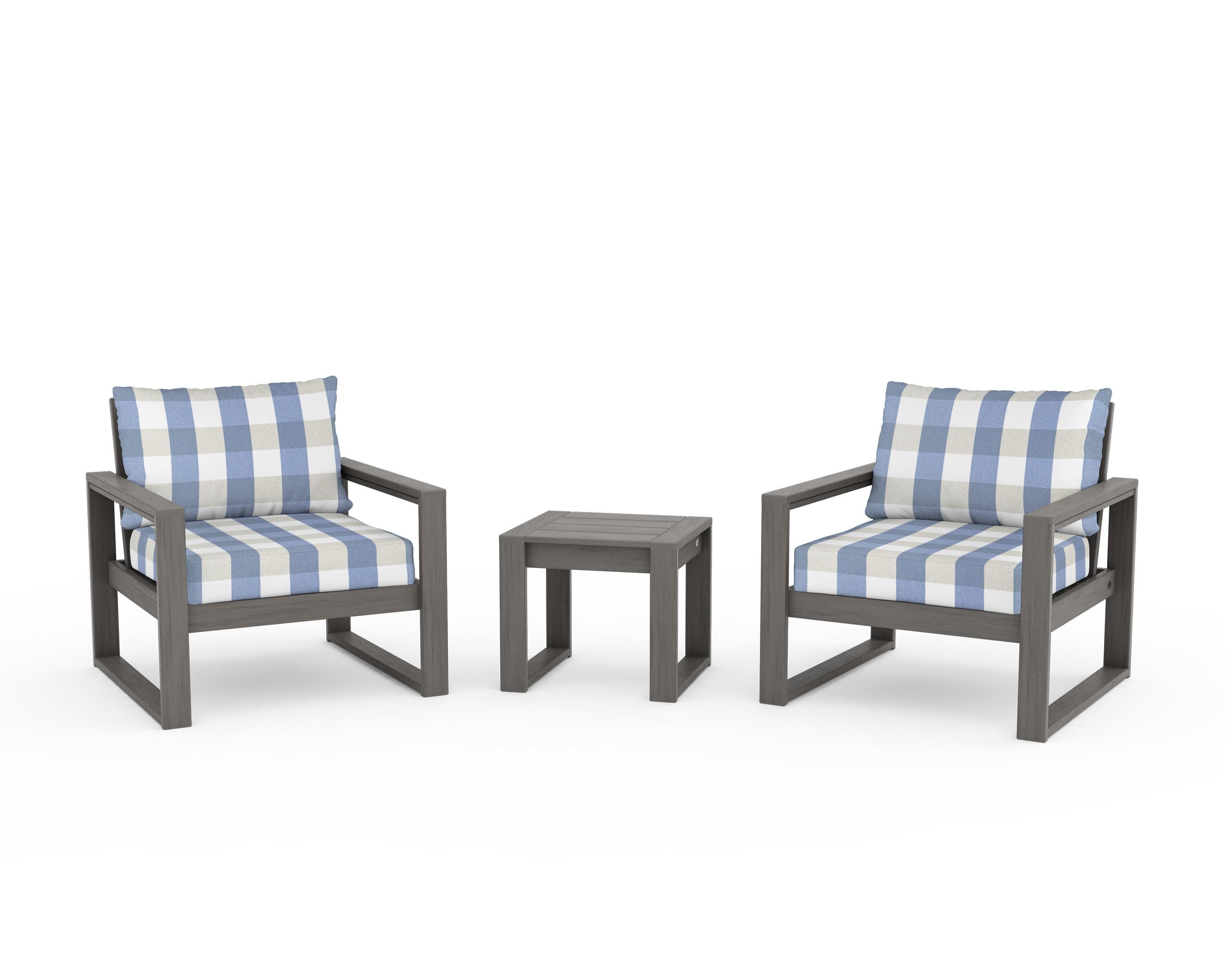 EDGE Sectional 3-Piece Deep Seating Set in Driftwood / Buffalo Plaid Sky Blue
