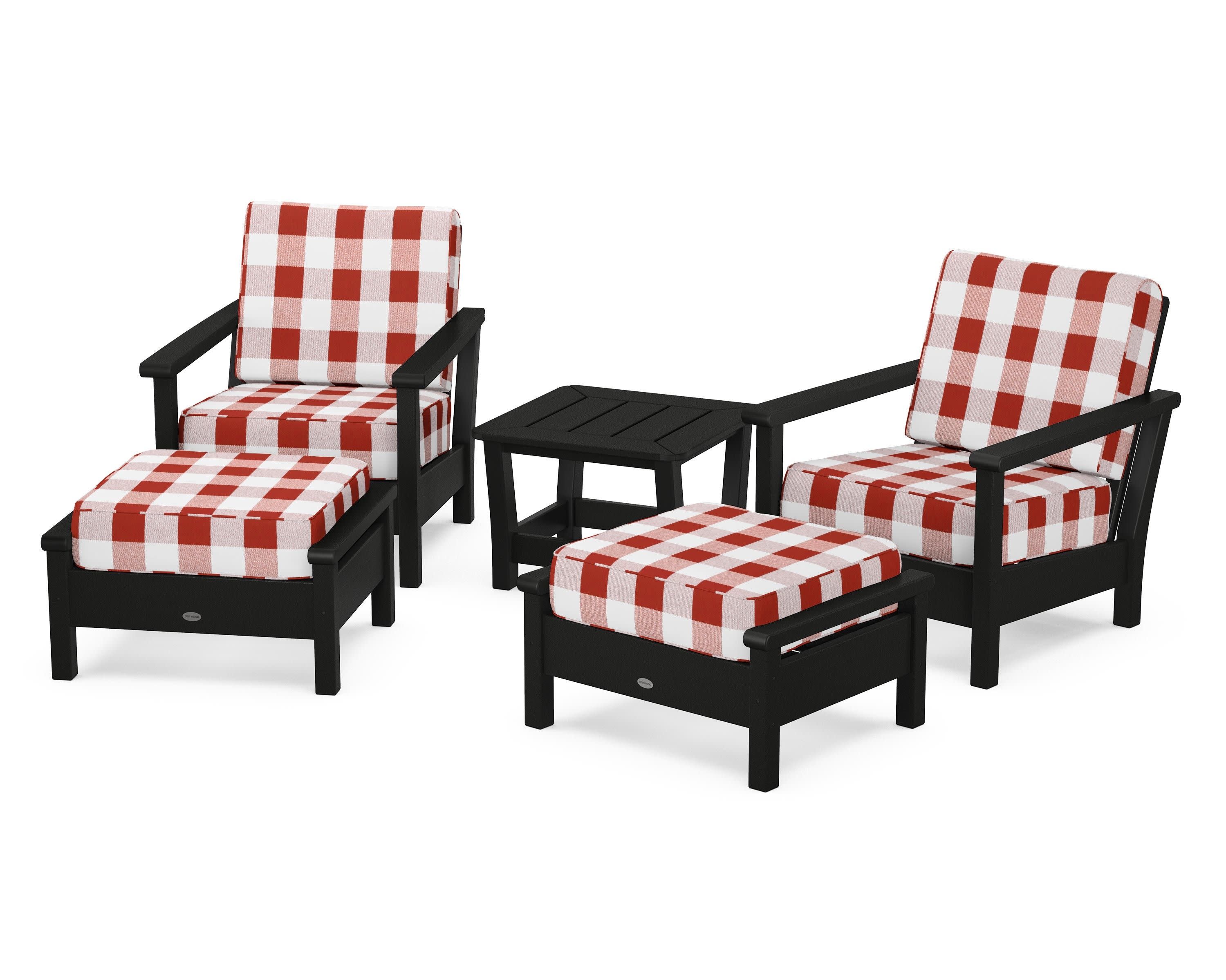 Harbour 5-Piece Deep Seating Chair Set in Black / Buffalo Plaid Crimson