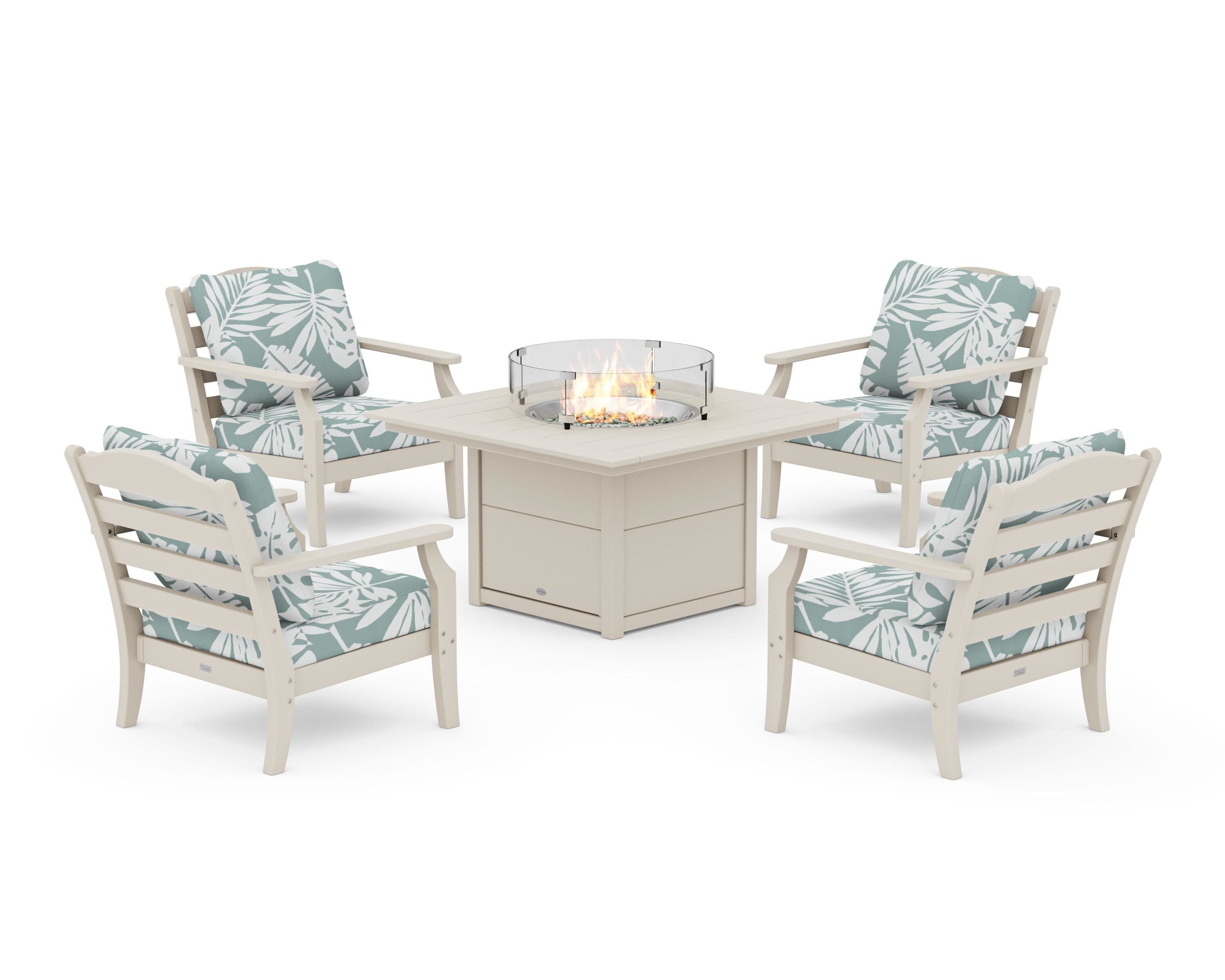 Savannah 5-Piece Deep Seating Set with Fire Pit Table in Sand / Leaf Glacier Spa