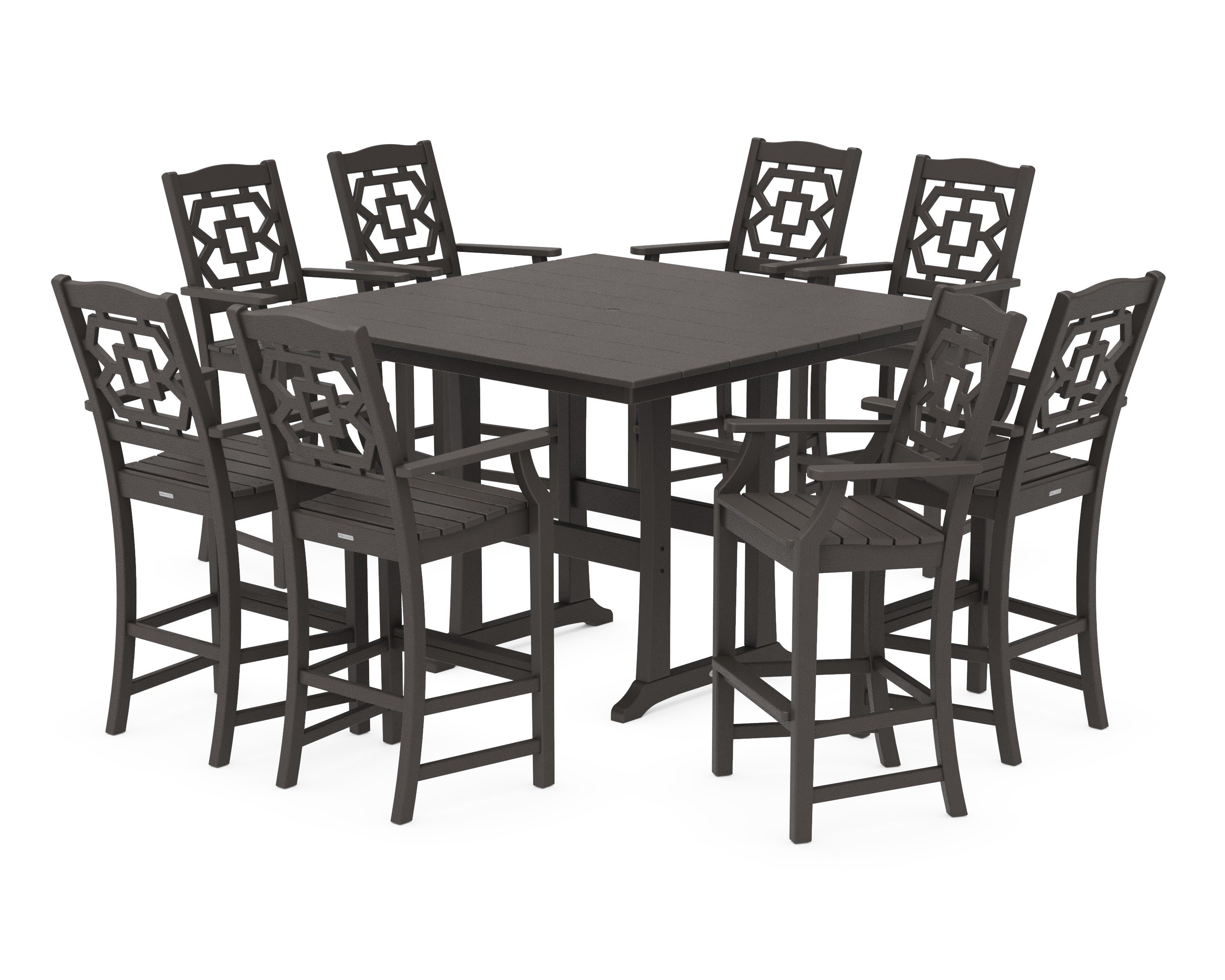 Chinoiserie 9-Piece Square Farmhouse Side Chair Bar Set with Trestle Legs in Vintage Coffee