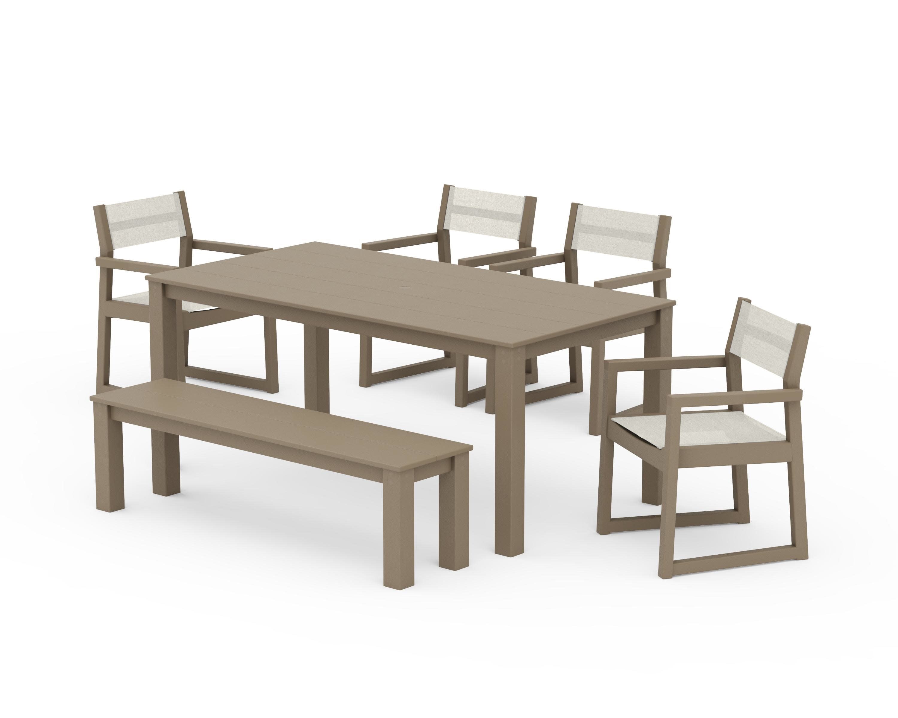 EDGE Sling Arm Chair 6-Piece Parsons Dining Set with Bench in Vintage Sahara / Parchment Sling