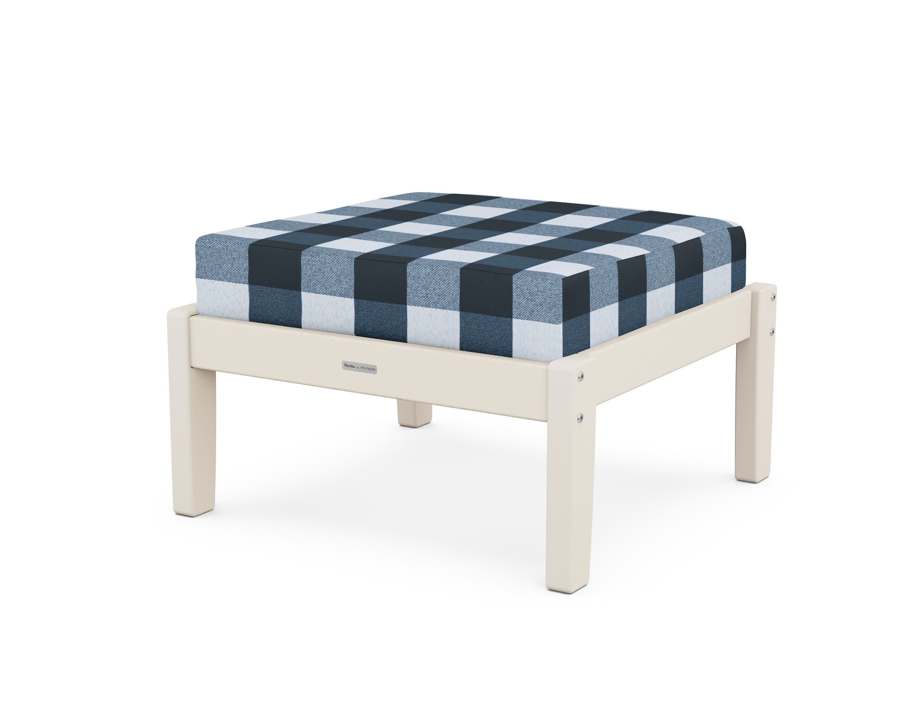 Chinoiserie Deep Seating Ottoman in Sand / Buffalo Plaid Marine Indigo