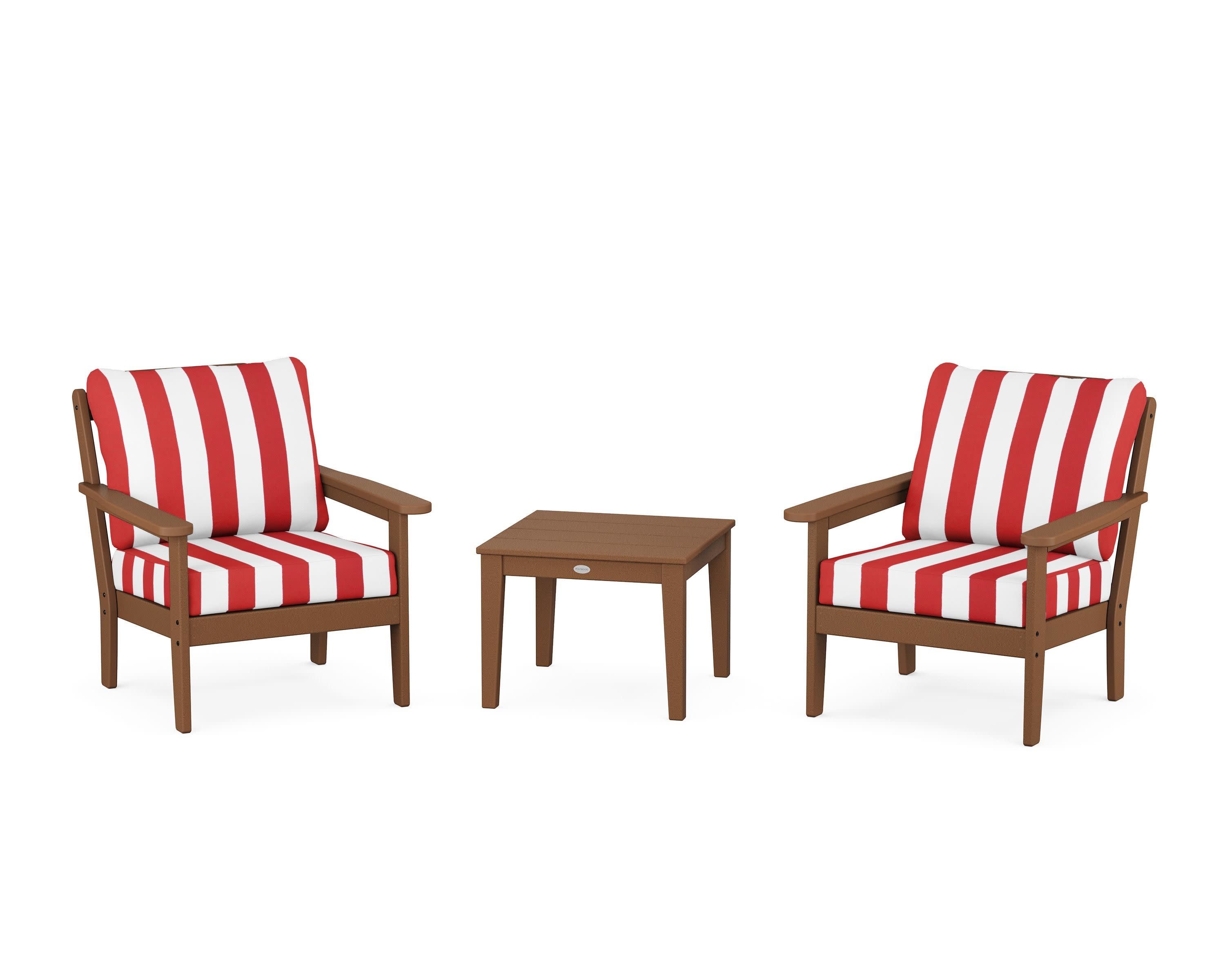 Cottage 3-Piece Deep Seating Set in Teak / Cabana Stripe Crimson