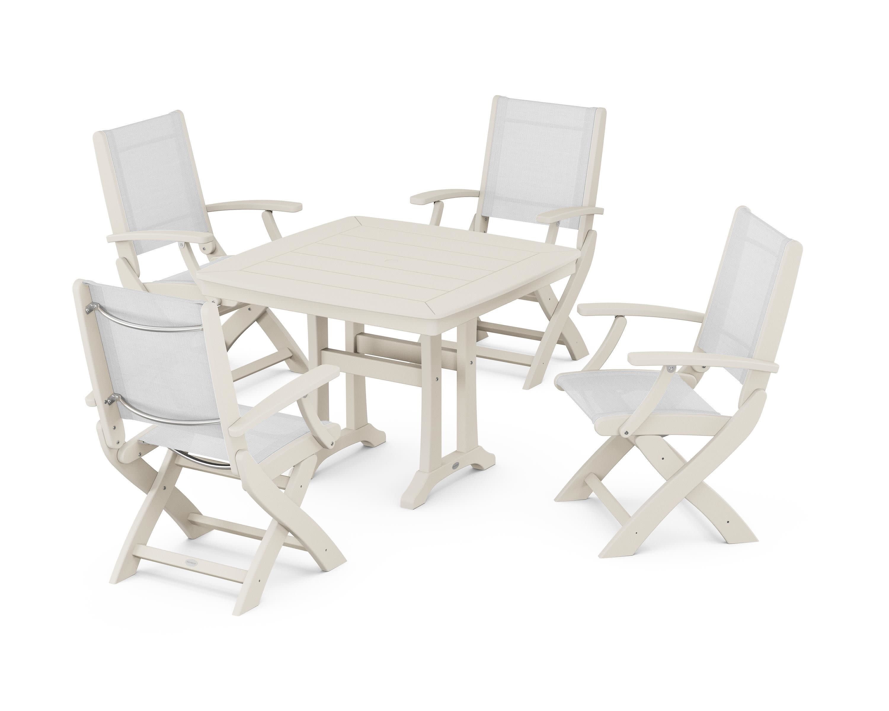 Coastal Folding Chair 5-Piece Dining Set with Trestle Legs in Sand / White Sling
