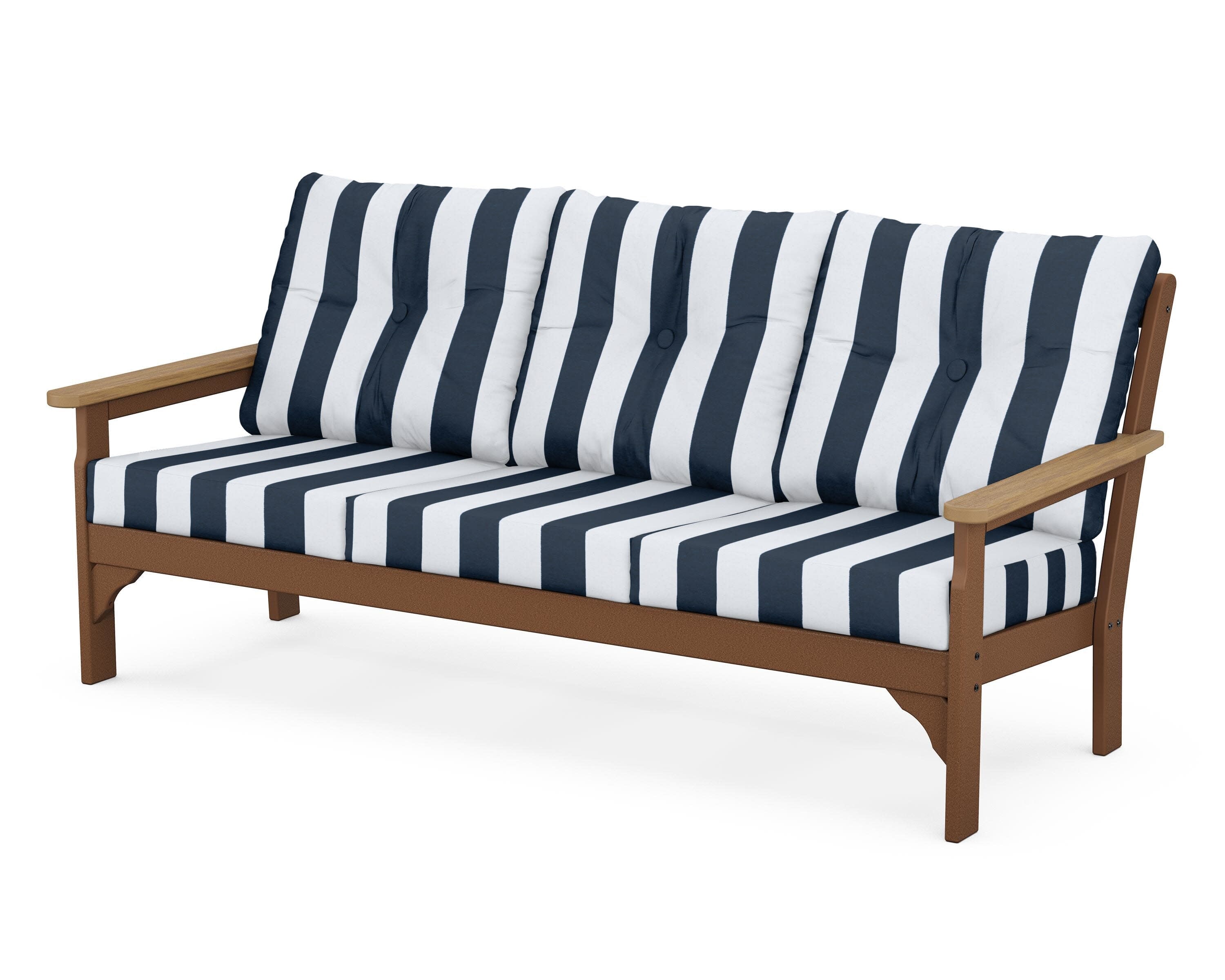 Vineyard Deep Seating Sofa in Teak / Natural / Cabana Stripe Marine Indigo