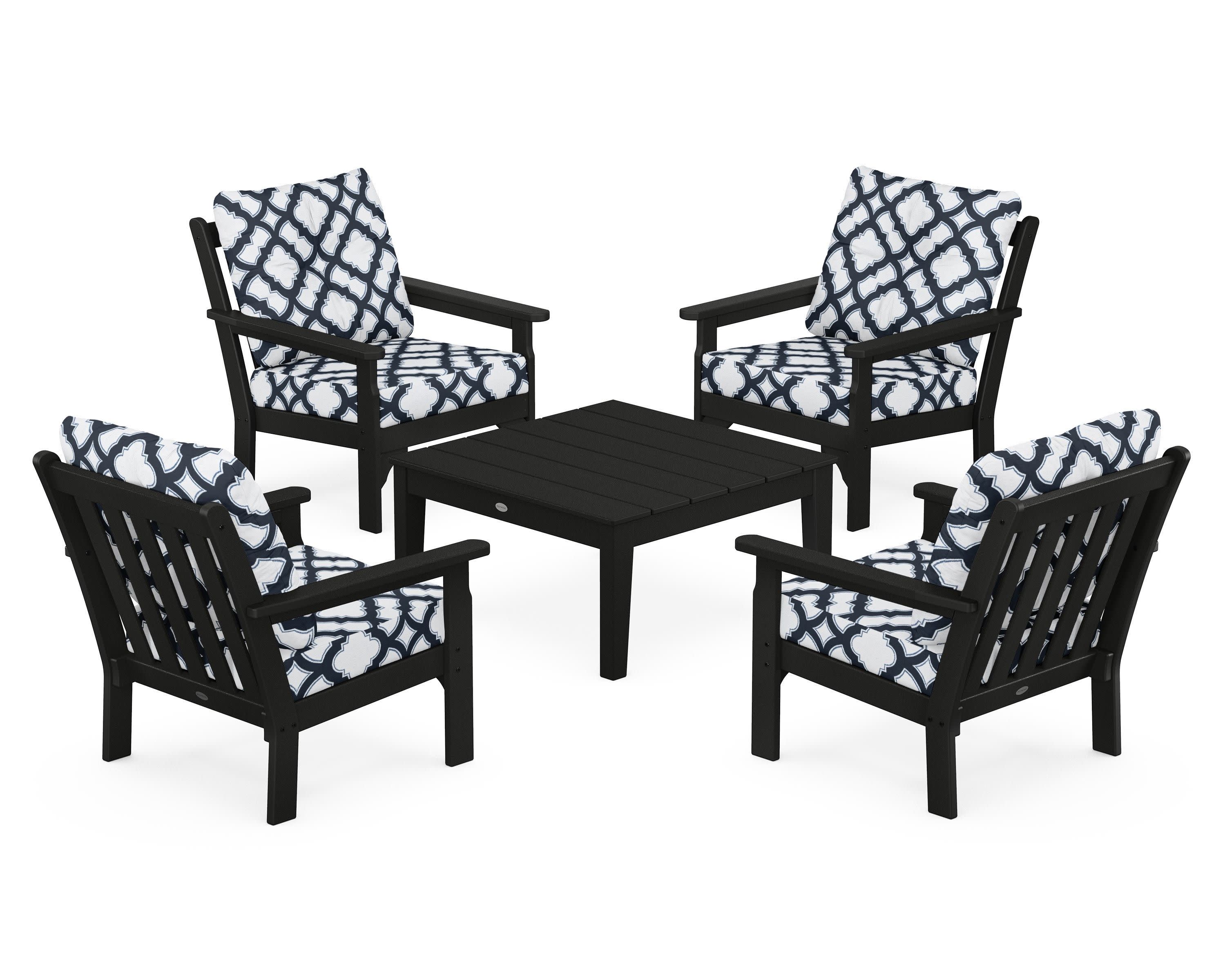 Vineyard 5-Piece Deep Seating Conversation Set in Black / Trellis Marine Indigo