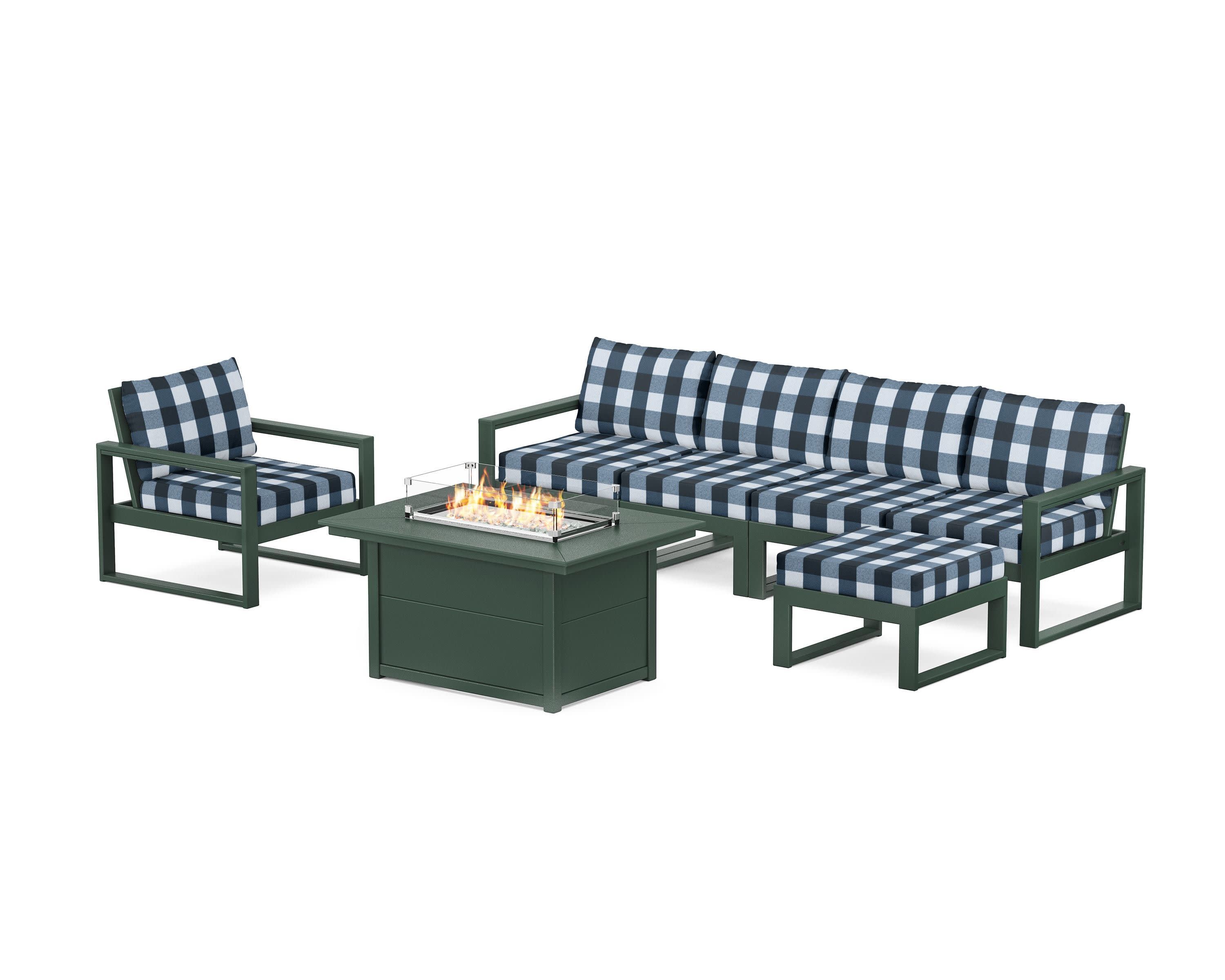 EDGE Sectional Lounge and Fire Pit Set in Green / Buffalo Plaid Marine Indigo