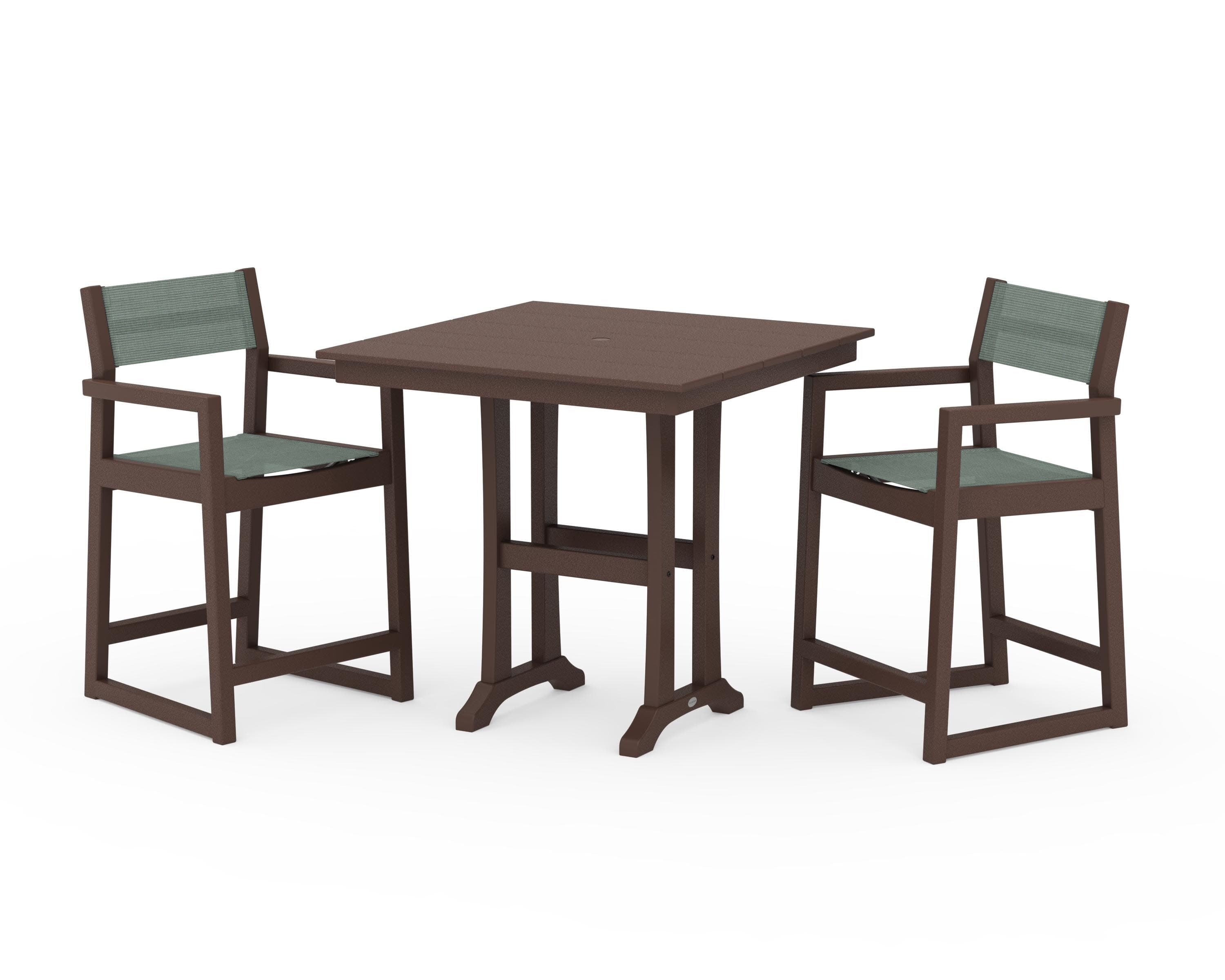 EDGE Sling Arm Chair 3-Piece Farmhouse Counter Set with Trestle Legs in Mahogany / Dupioni Sea Mist Sling