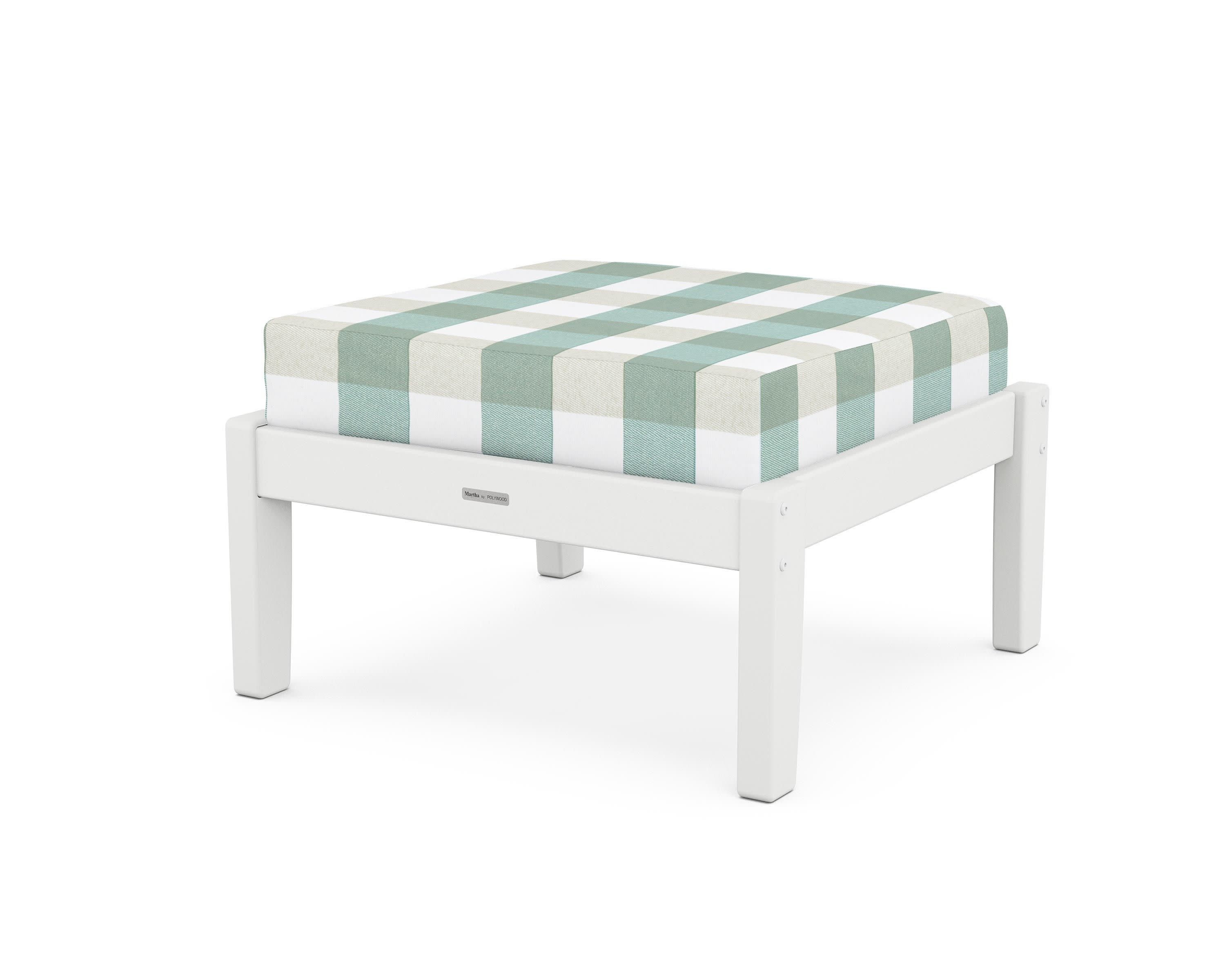 Chinoiserie Deep Seating Ottoman in White / Buffalo Plaid Glacier Spa