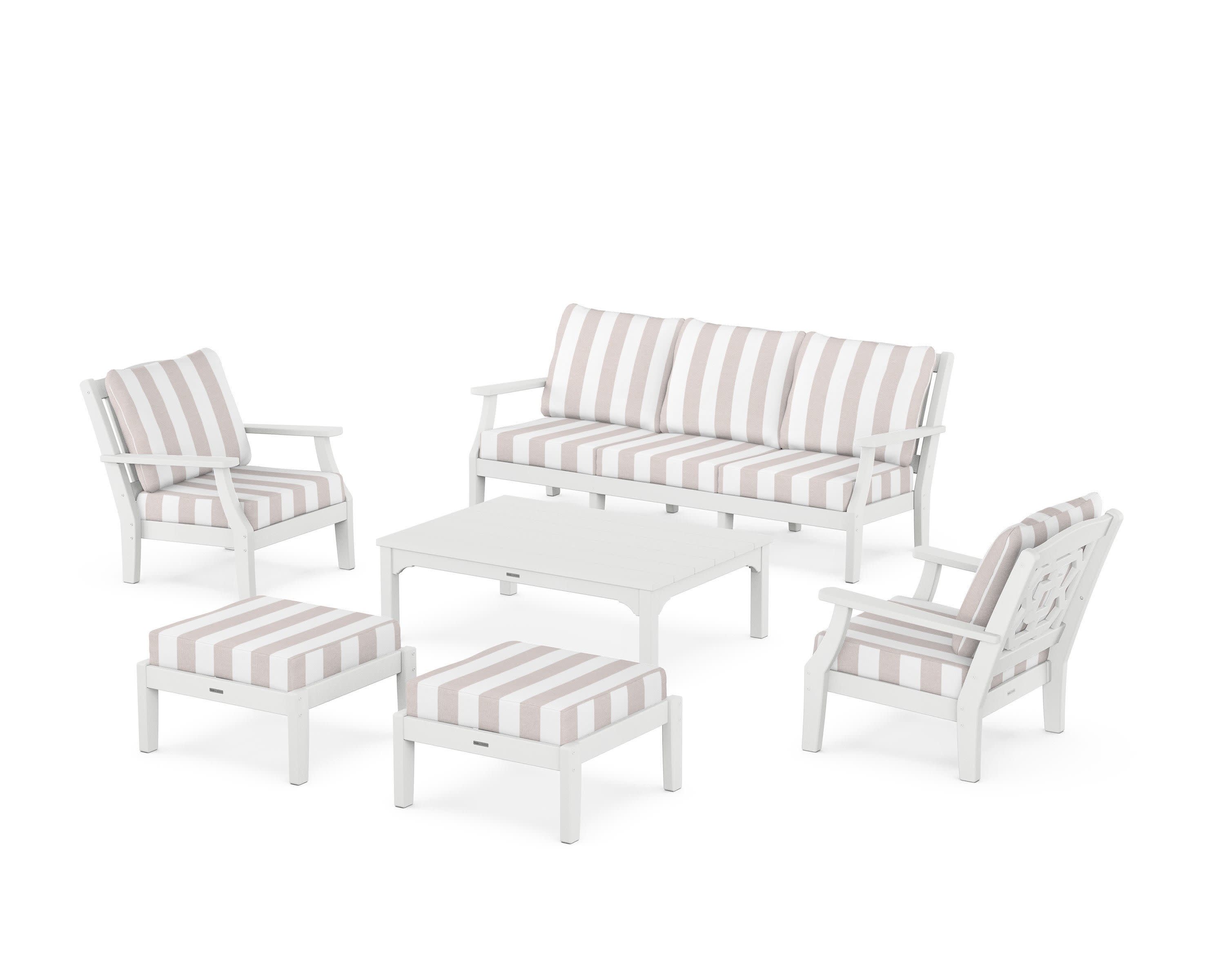 Chinoiserie 6-Piece Lounge Sofa Set in White / Cabana Stripe Dune Burlap