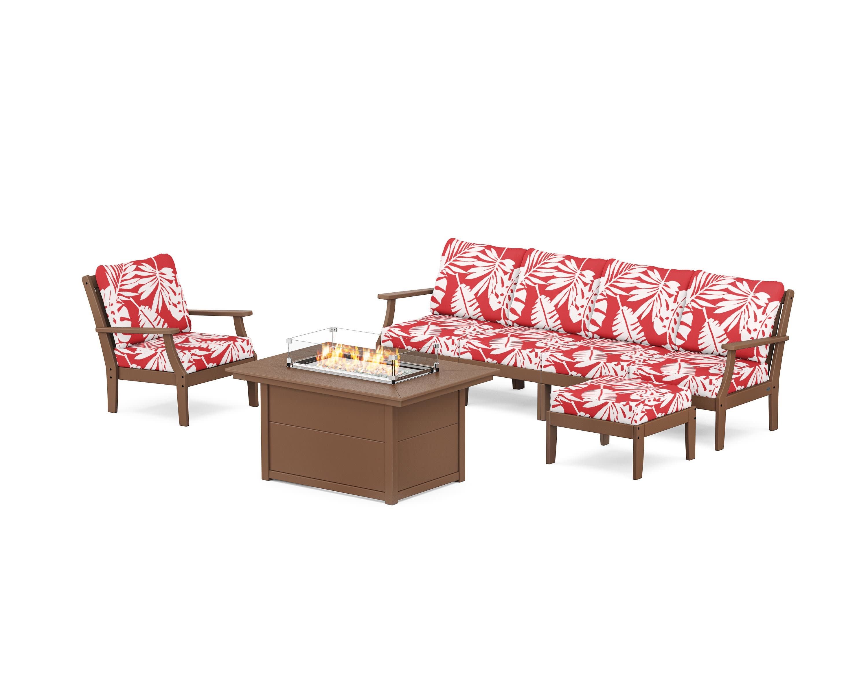 Braxton Sectional Lounge and Fire Pit Set in Teak / Leaf Crimson
